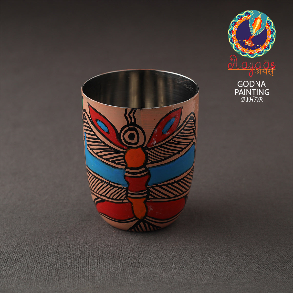 AAYAAS Brown - Godna Madhubani Handpainted Stainless Steel Glass