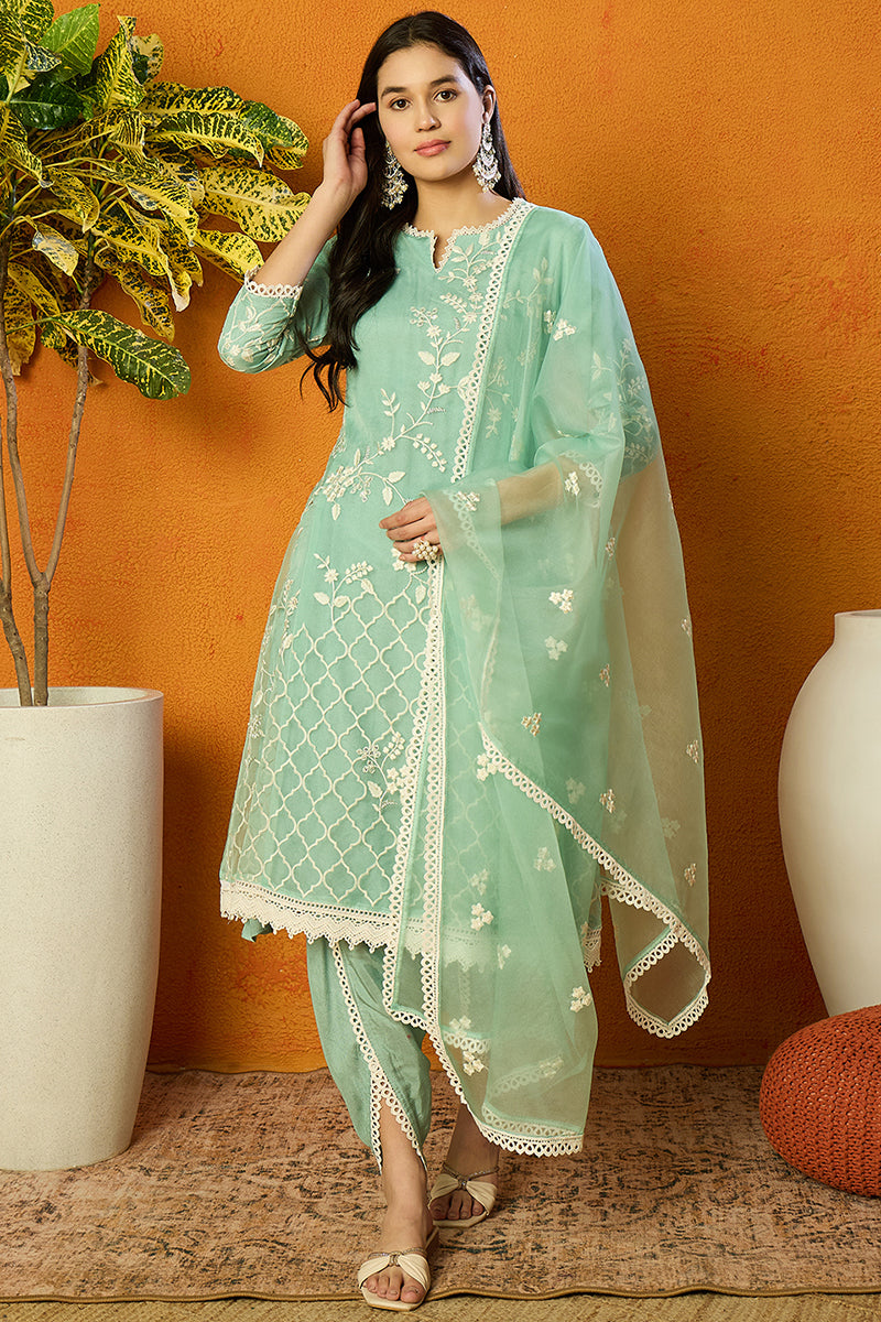 Ahika Sea Green Organza Solid Embroidered A-Line Dhoti Style Suit Set PKSKD2438 - view 5
