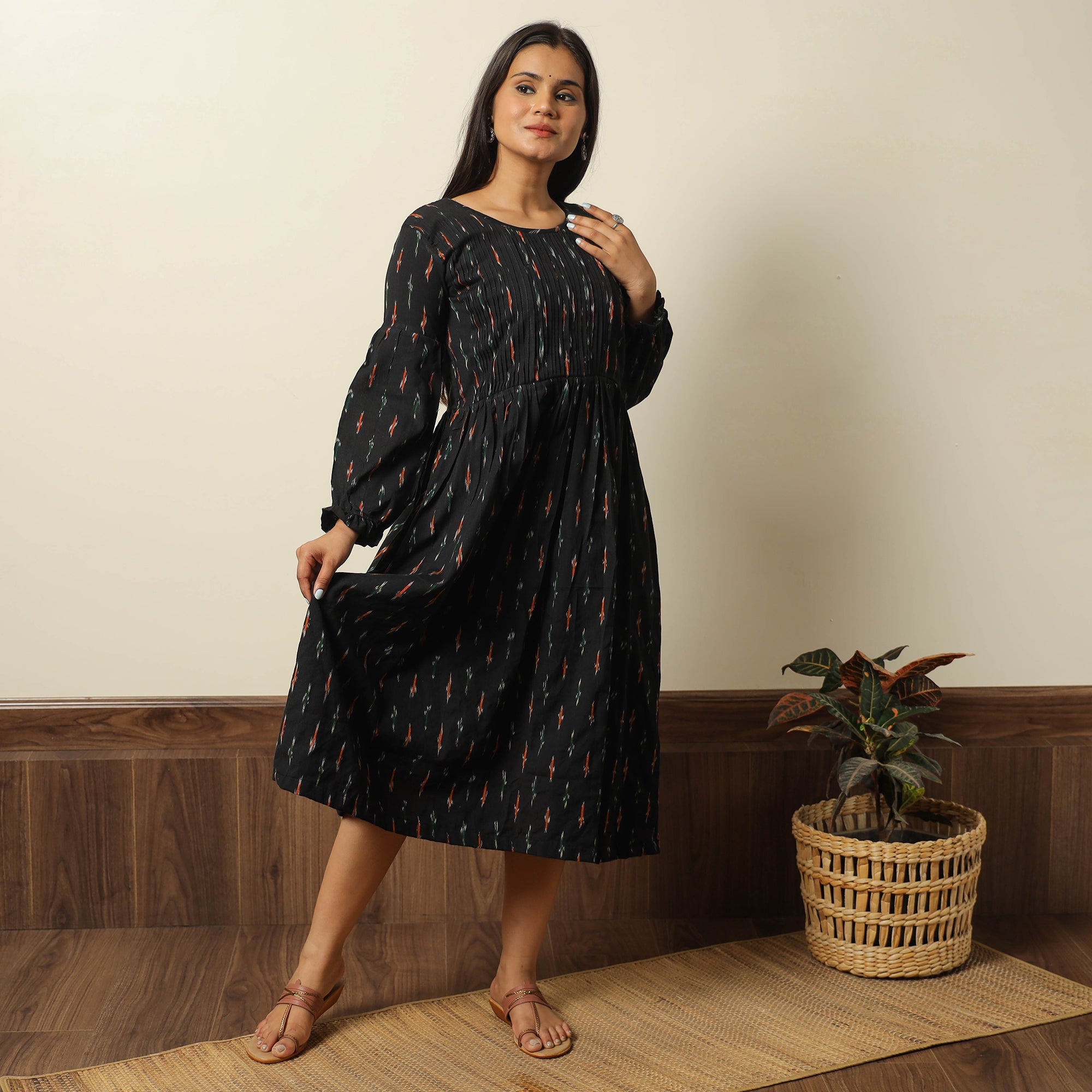 ITOKRI CASUALS Black - Pochampally Ikat Weave Cotton Pintuck Flared Dress 03