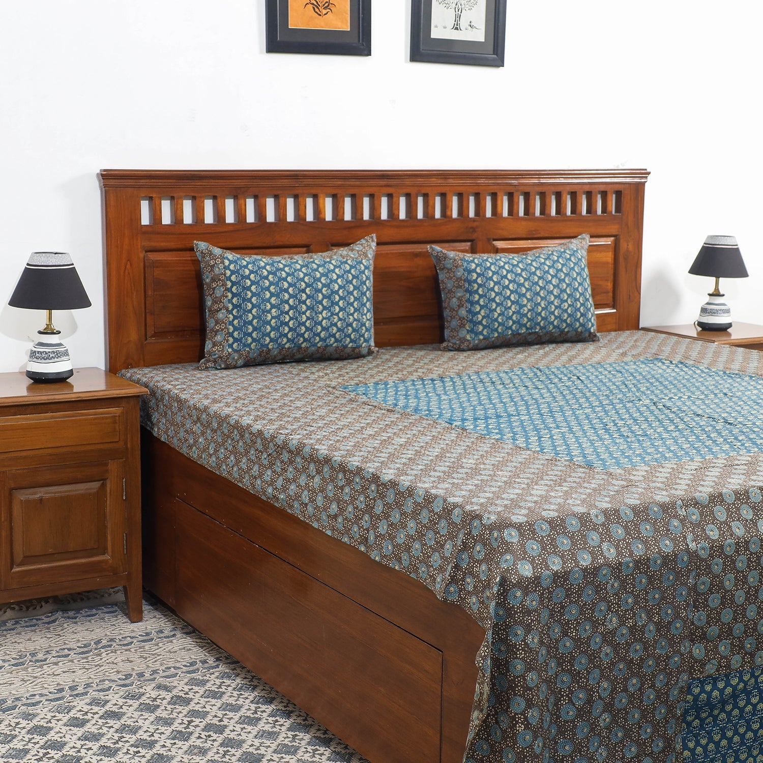 HAVELI CHRONICLES Brown - Ajrakh Patch Tukdi Kaam Cotton Double Bed Cover with Pillow Covers (109 x 86 in)