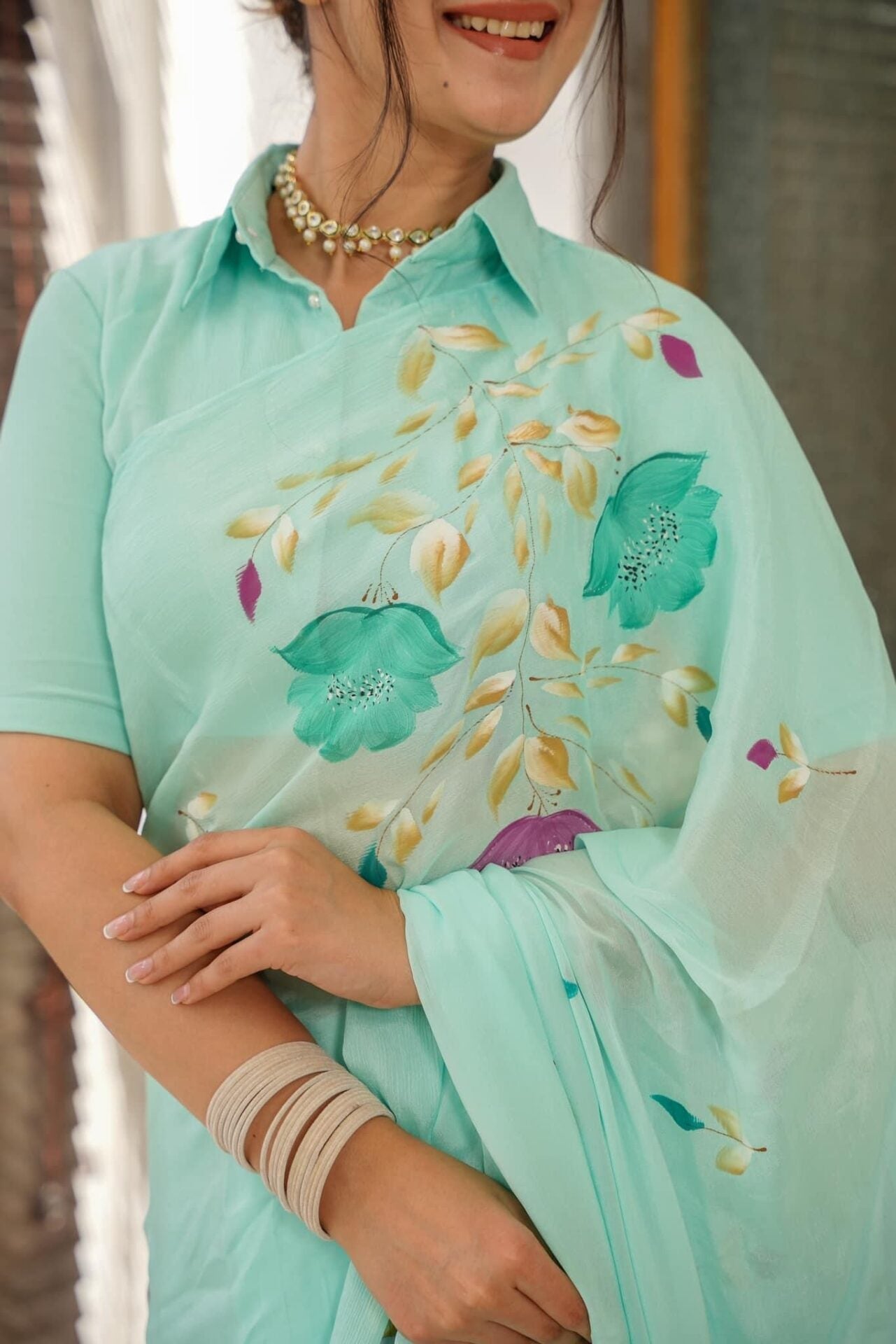 Idaho-o Lilith blue handpainted saree – Women's - view 4