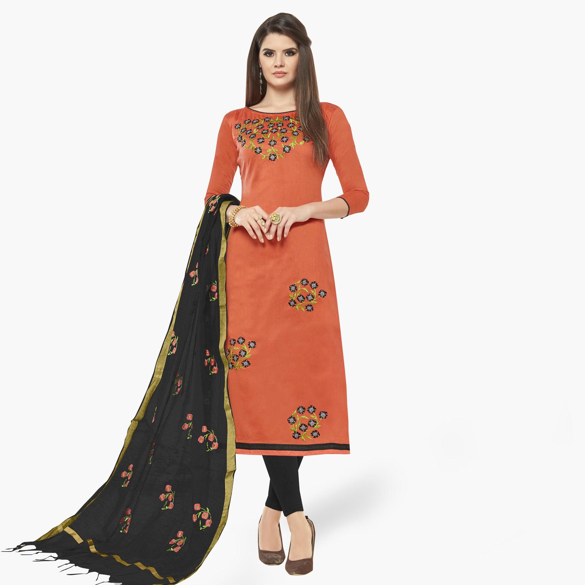Peachmode Hypnotic Peach Colored Casual Wear Embroidered Cotton Dress Material