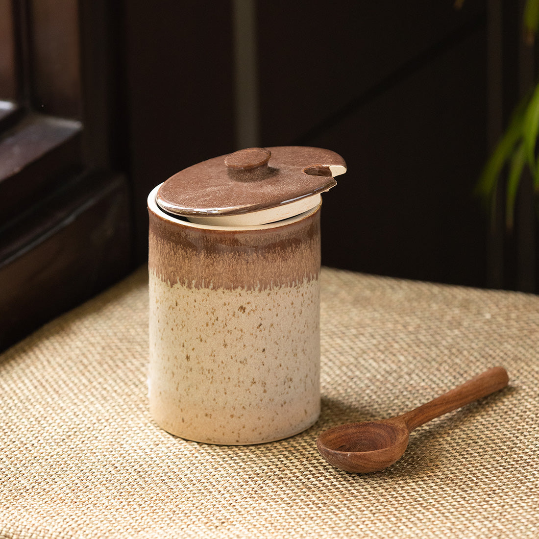 EXCLUSIVELANE 'Refreshing Creams' Studio Pottery Ceramic Pickle & Jam Jar With Spoon