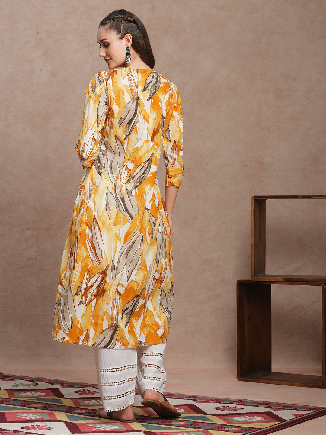 FASHOR Abstract Floral Printed A-Line Kurta - Yellow - view 6