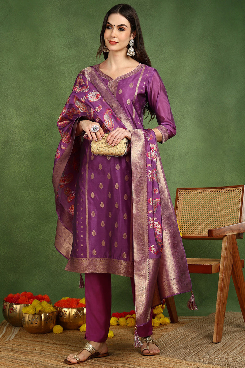 Ahika Purple Poly Chanderi Solid Woven Design Straight Suit Set PKSKD2678 - view 2