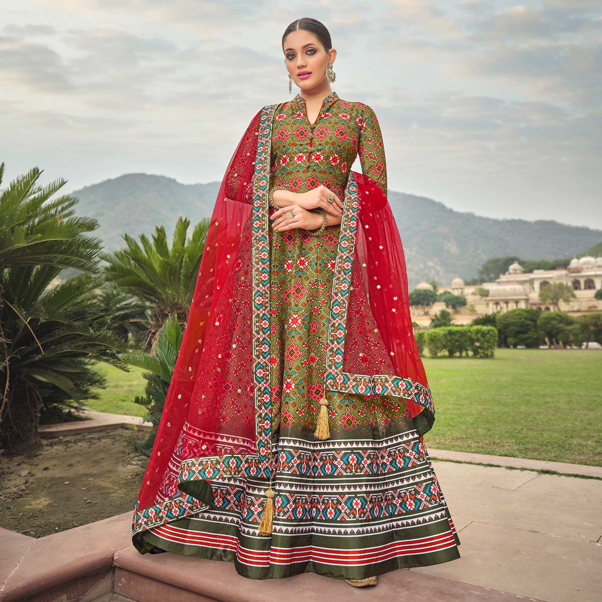 Peachmode Seller Mahendi Green Patola Digital Printed Dola Silk Gown - view 2