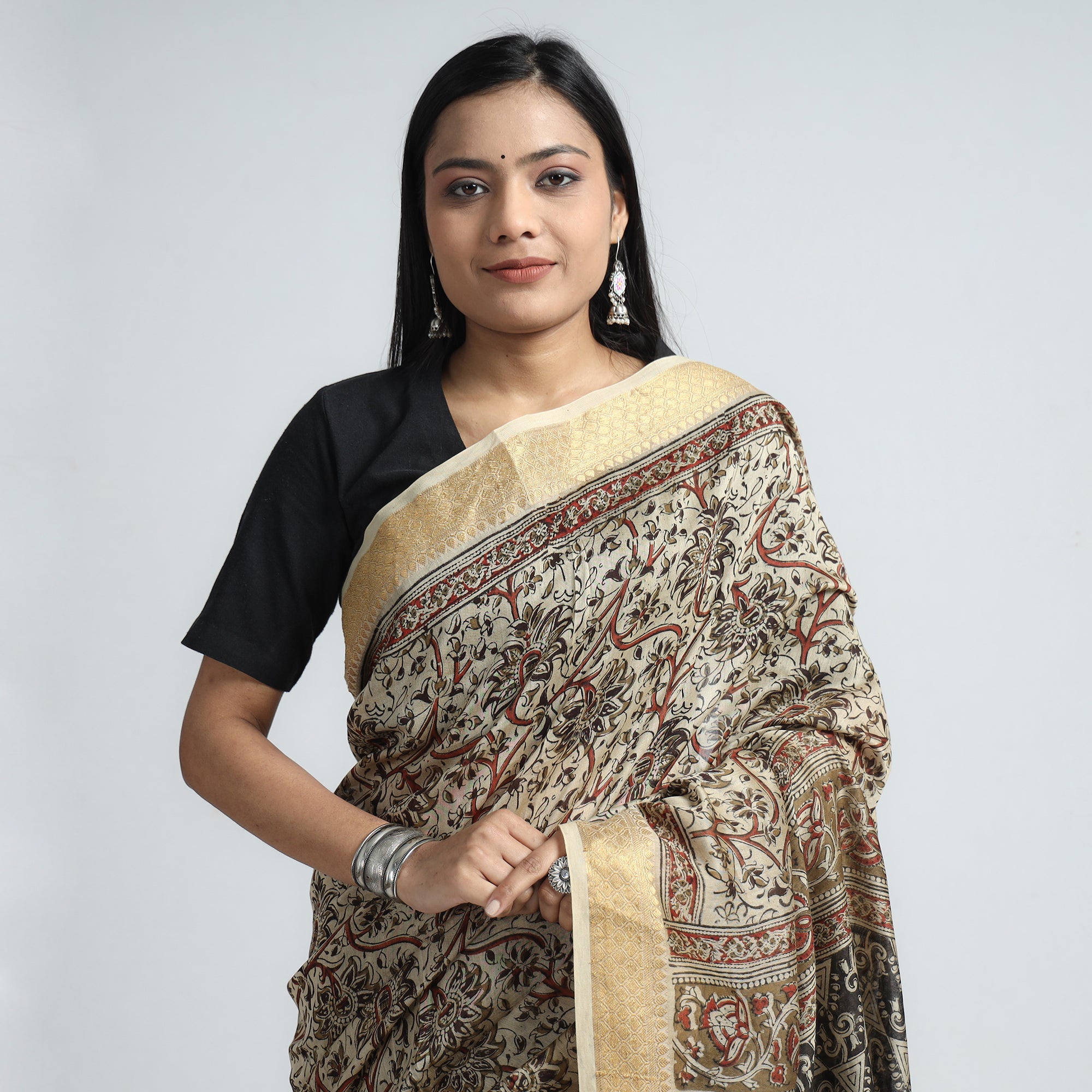 VENKATA BHANU KALAMKARI PEDANA Beige - Original Pedana Kalamkari Block Print Silk Saree - view 3