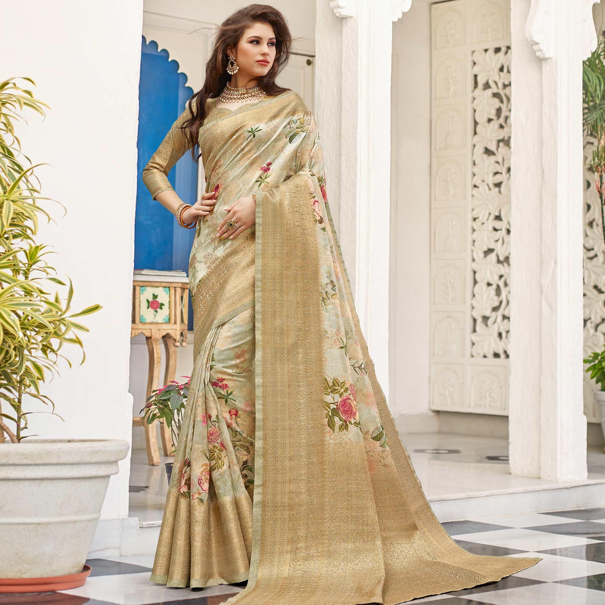 Peachmode Ideal Light Grey Colored Partywear Digital Floral Printed Silk Saree