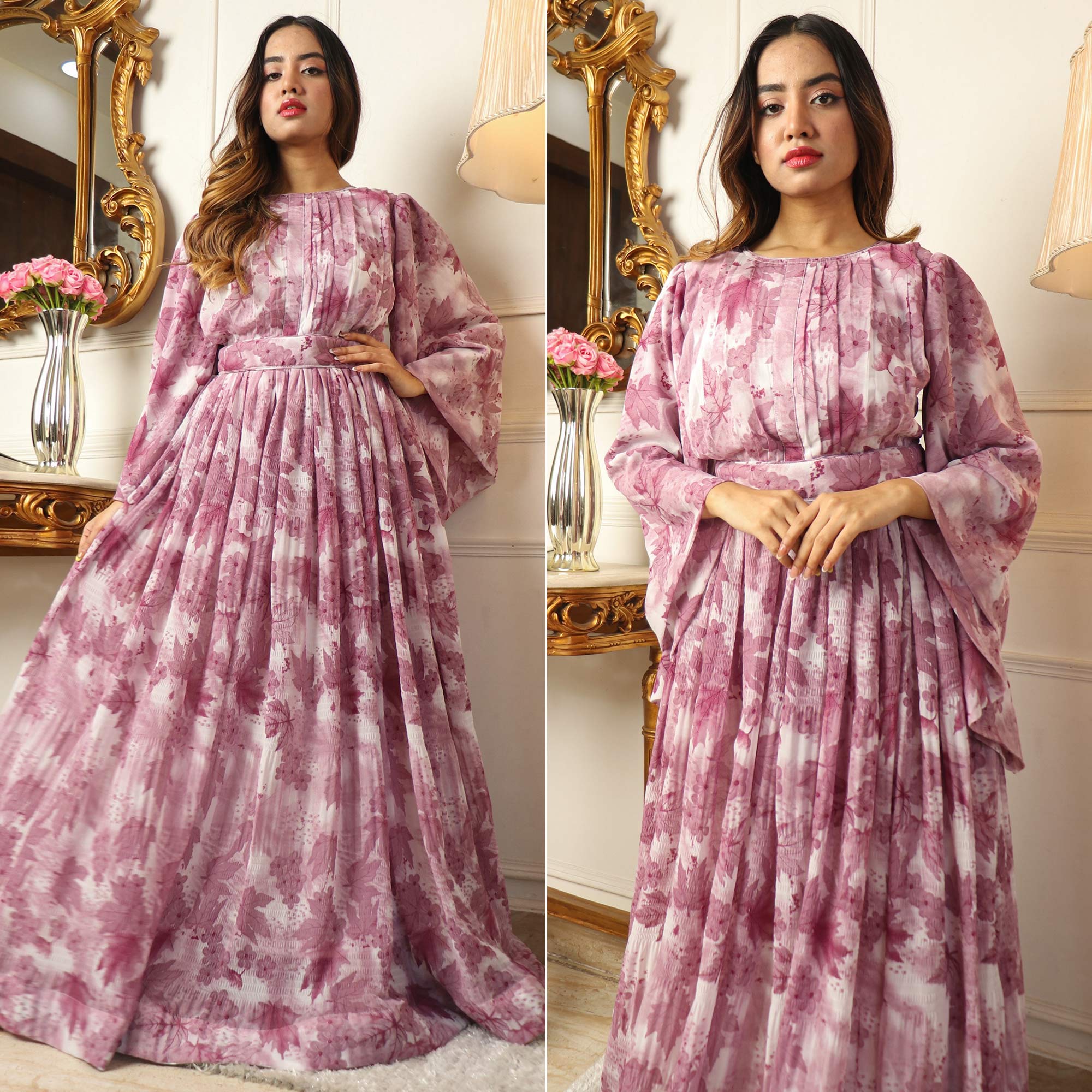 Peachmode Seller Mauve Floral Printed Georgette Gown