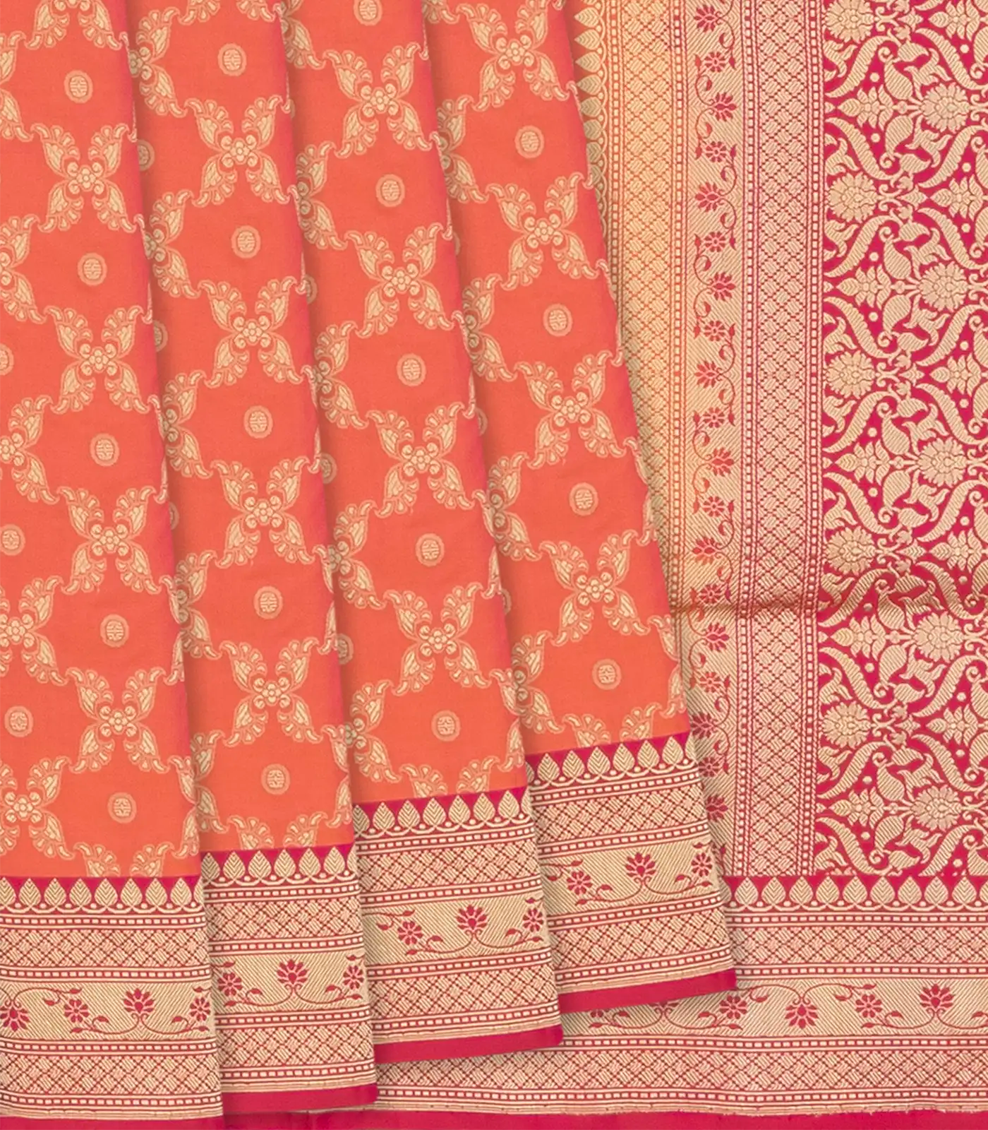 RmKV Orange Handloom Banarasi Silk Saree With Floral Jaal Motifs-Orange