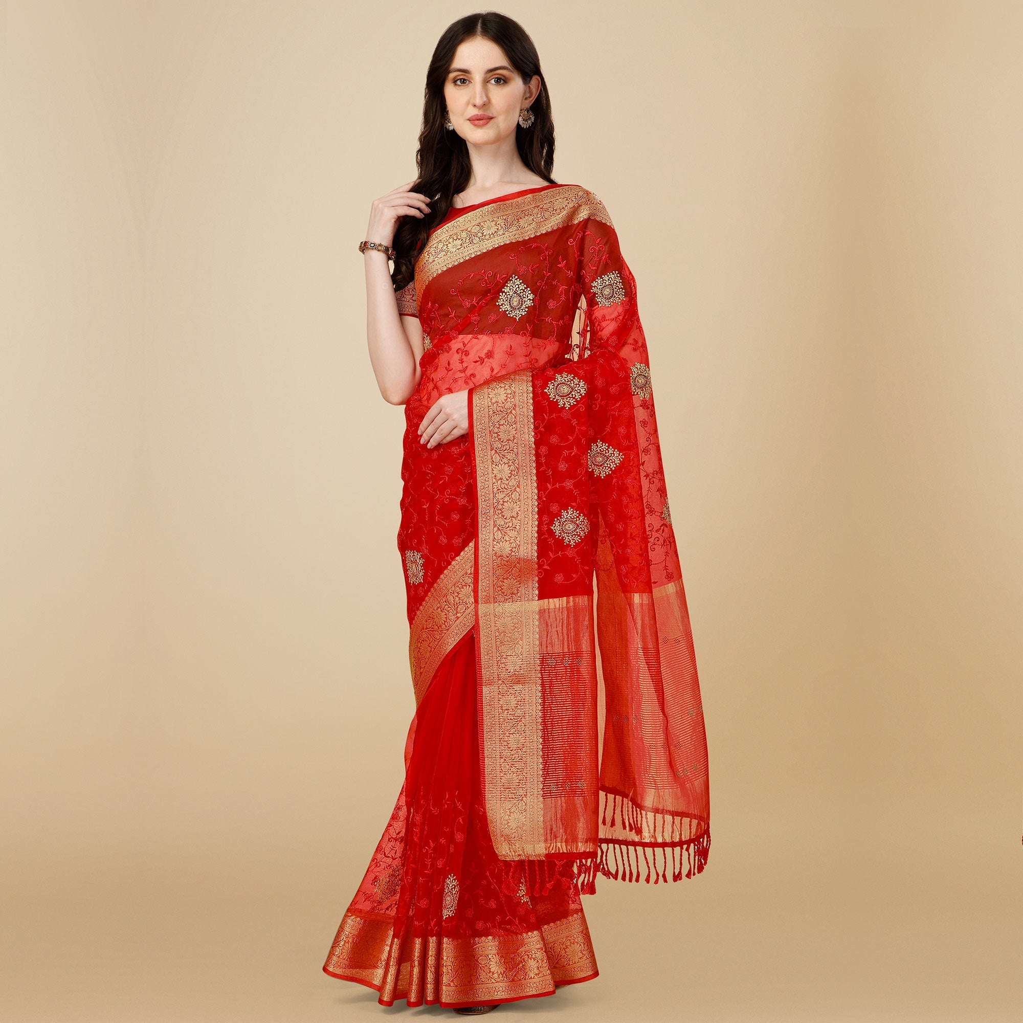 Peachmode Maroon Floral Embroidered Organza Saree - view 2