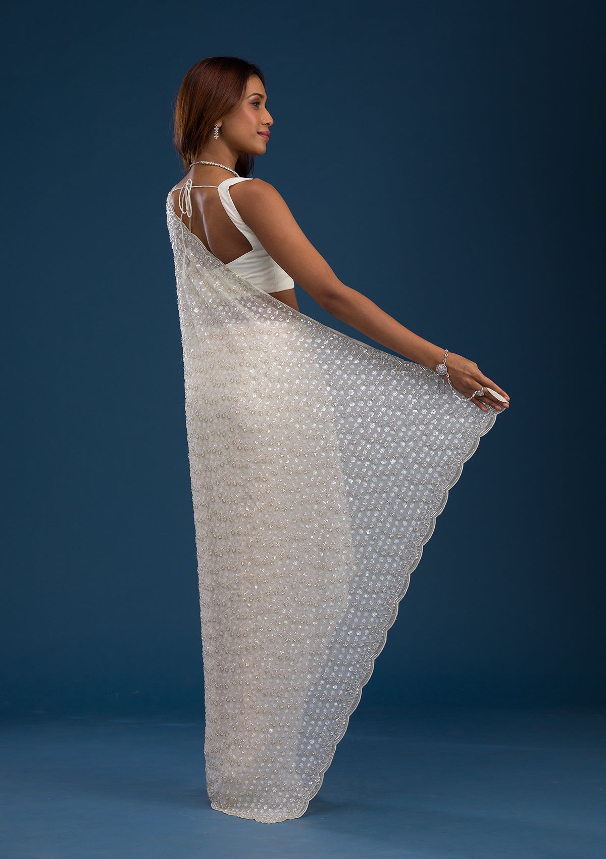 Koskii Off White Sequins Georgette Saree – Women's - view 2