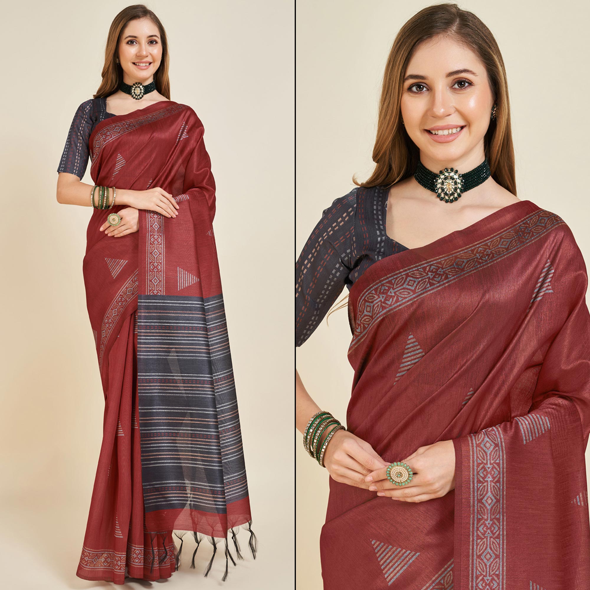 Peachmode Maroon Digital Printed Bhagalpuri Silk Saree With Tassels