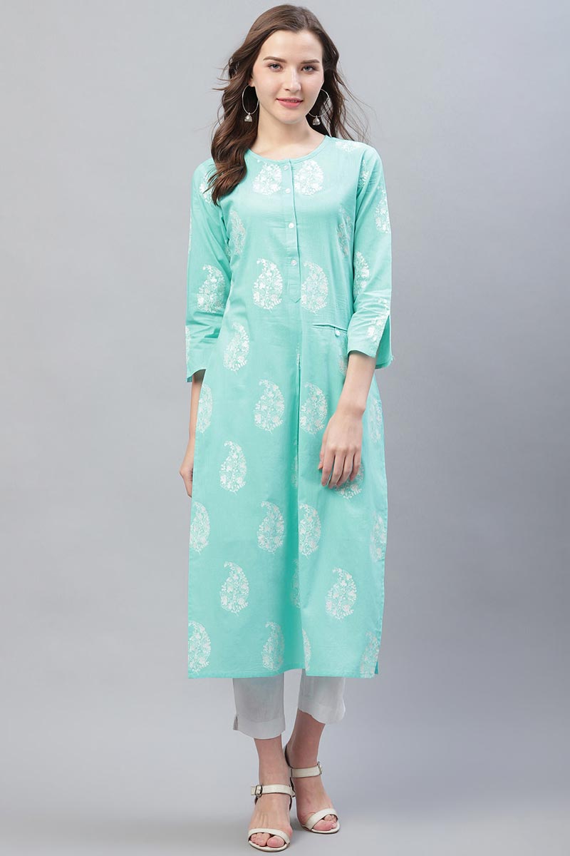 Ahika Cyan Blue Trendy Festive Wear Printed Kurti VCK1569
