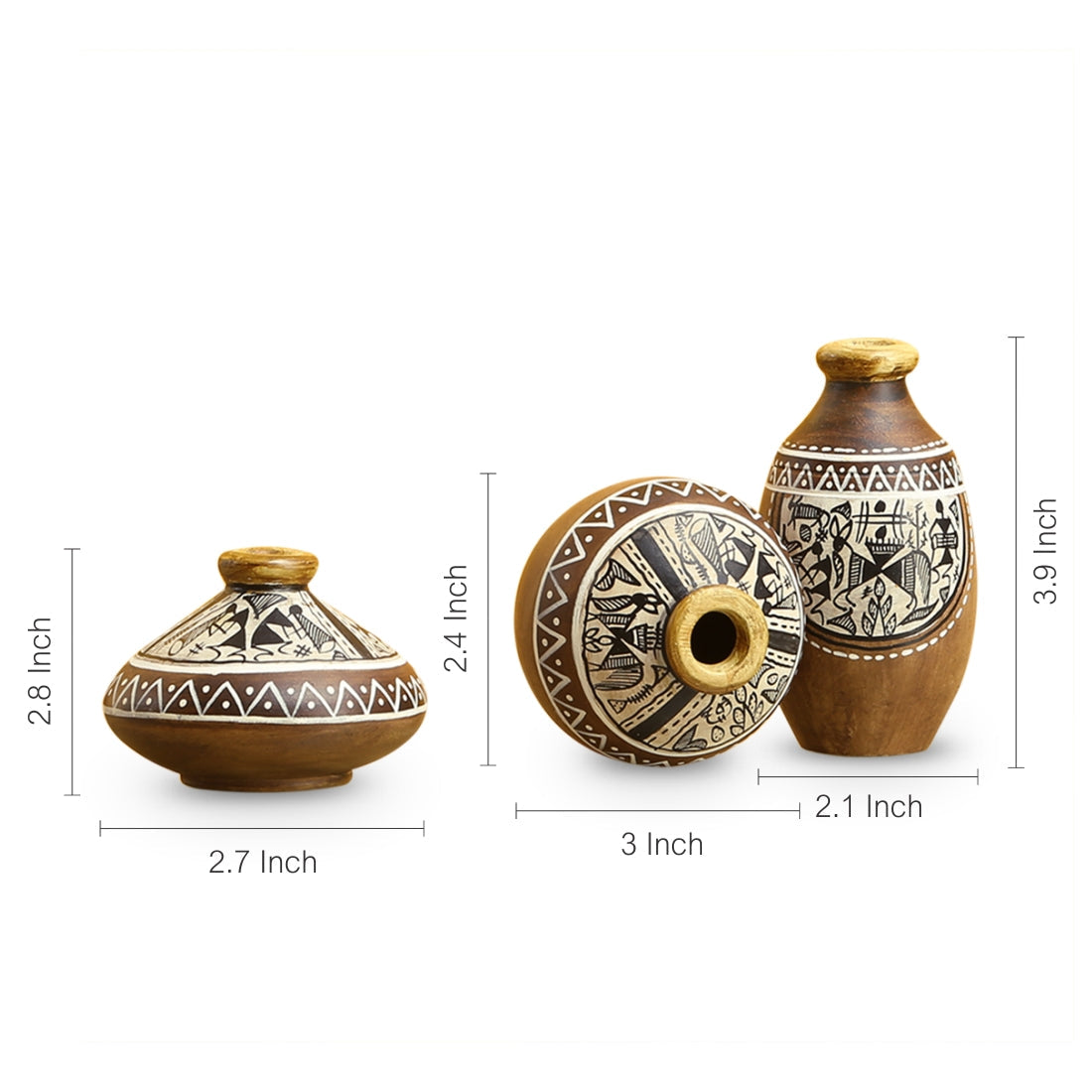 EXCLUSIVELANE 'Three Little Terracotta Pots Showpieces' with Warli Handpainted In Natural Mud Brown (Set Of 3) - view 4