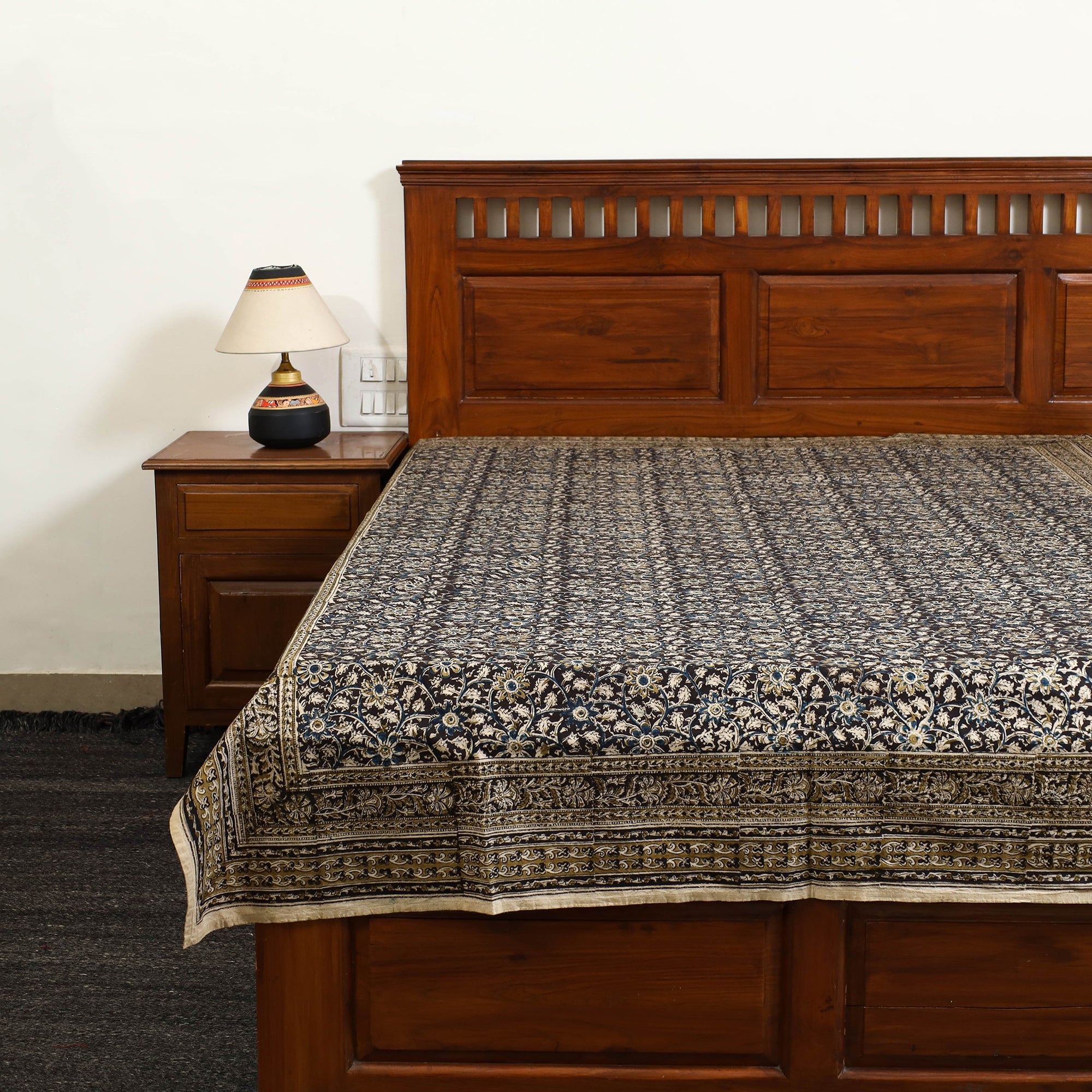 PITCHUKA SRINIVAS KALAMKARI PEDANA Black - Block Print Cotton Pedana Kalamkari Bed Sheet 02