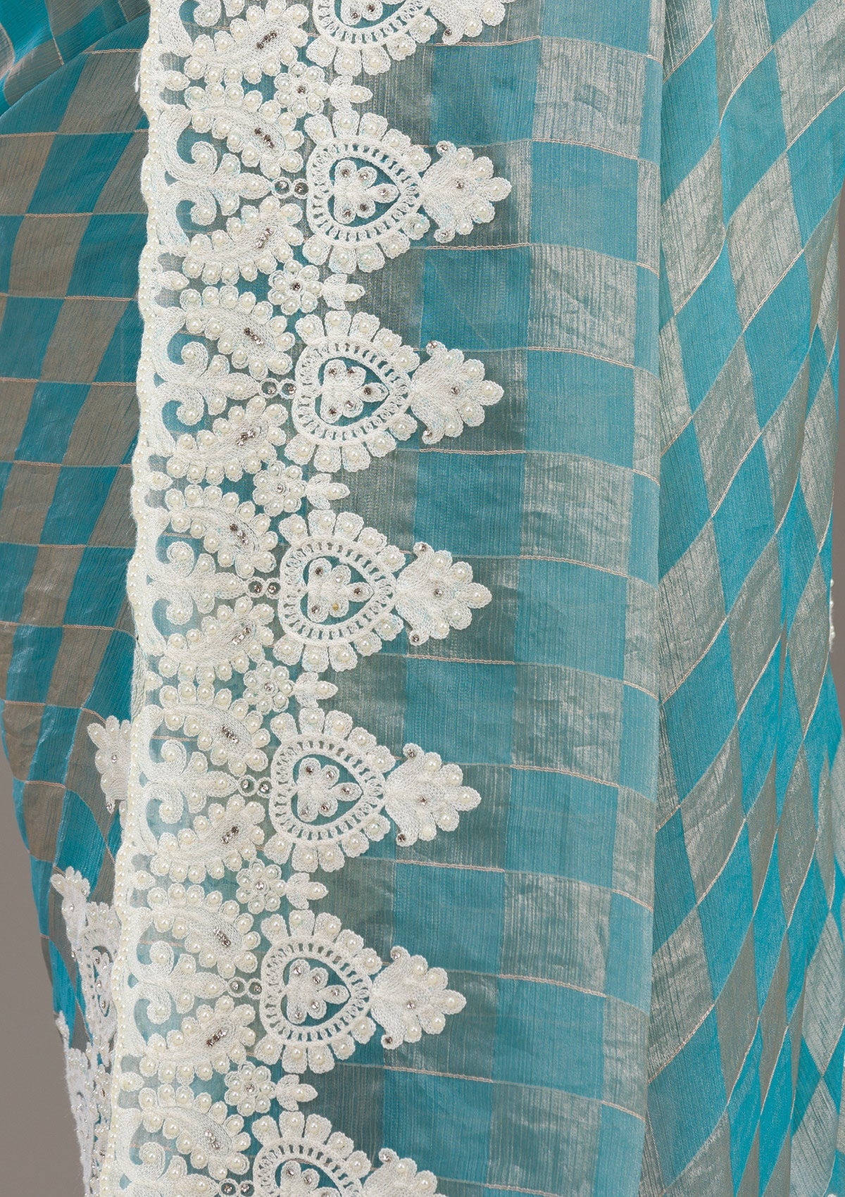 Koskii Turquoise Blue Pearlwork Tissue Saree – Women's - view 10