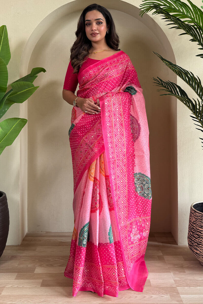 Tasrika Cynosure Dark Pink Digital Printed Tissue Silk Saree With Bewitching Blouse Piece