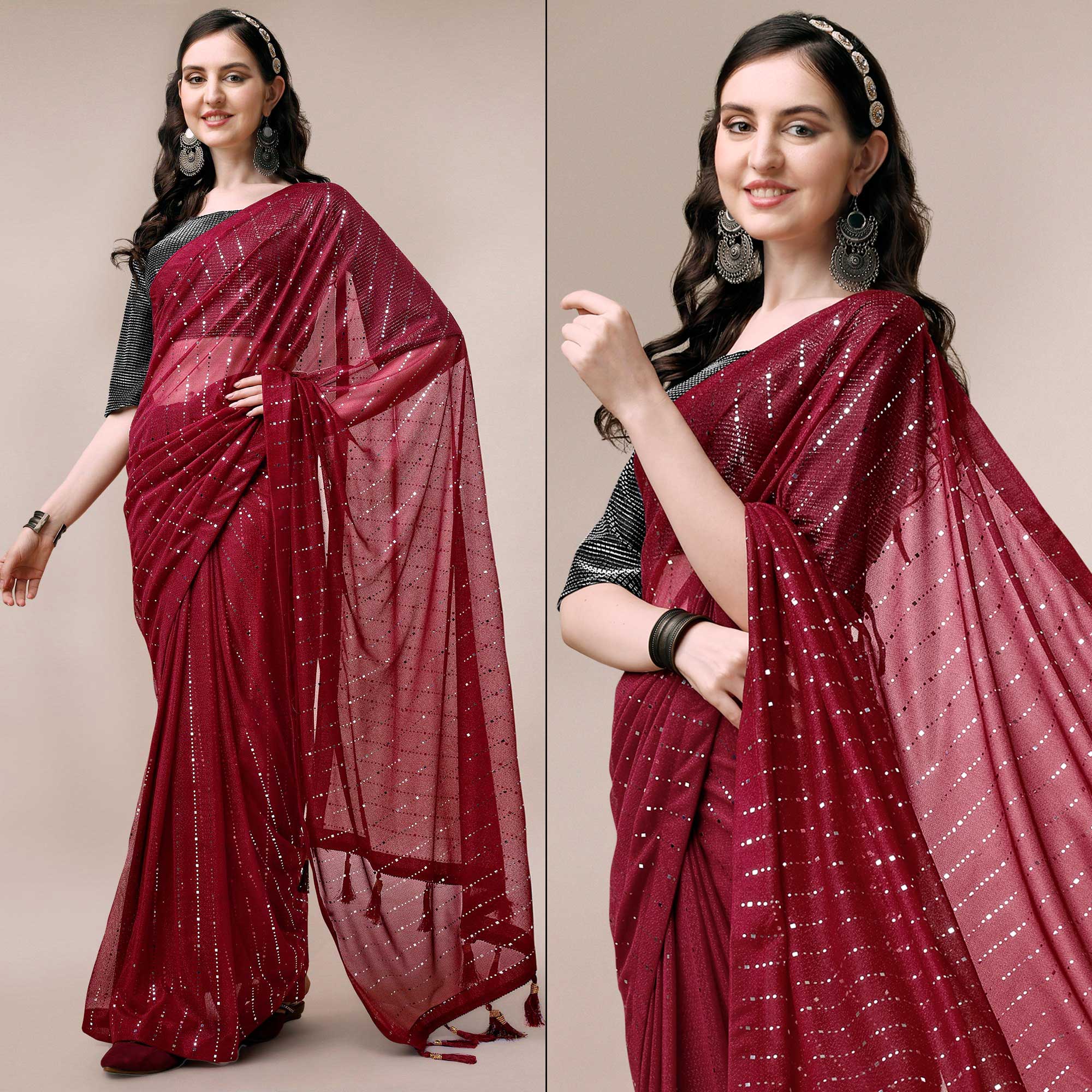 Peachmode Maroon Striped Foil Printed Rayon Saree