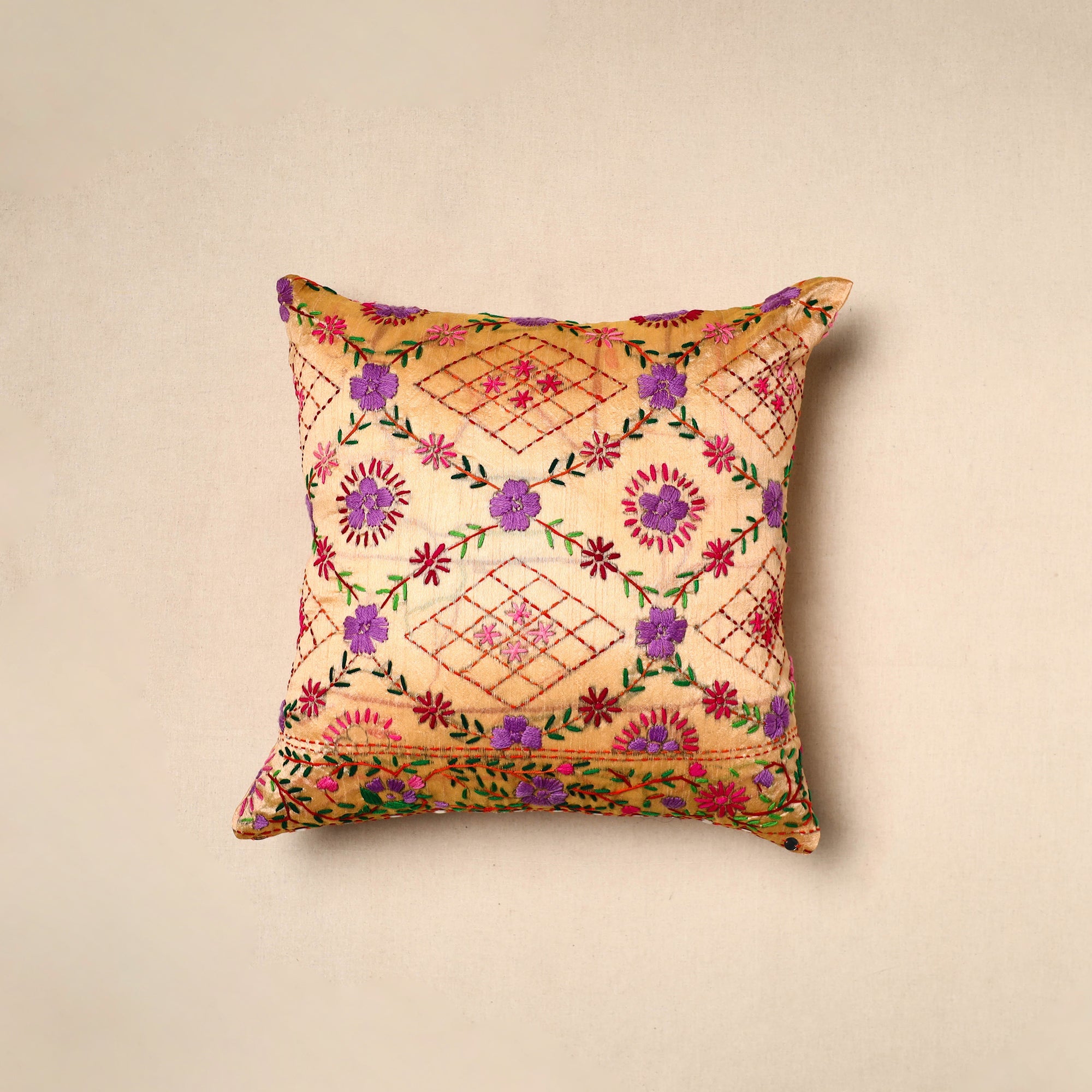 JALPARI Beige - Chinon Phulkari Embroidered Cushion Cover 07