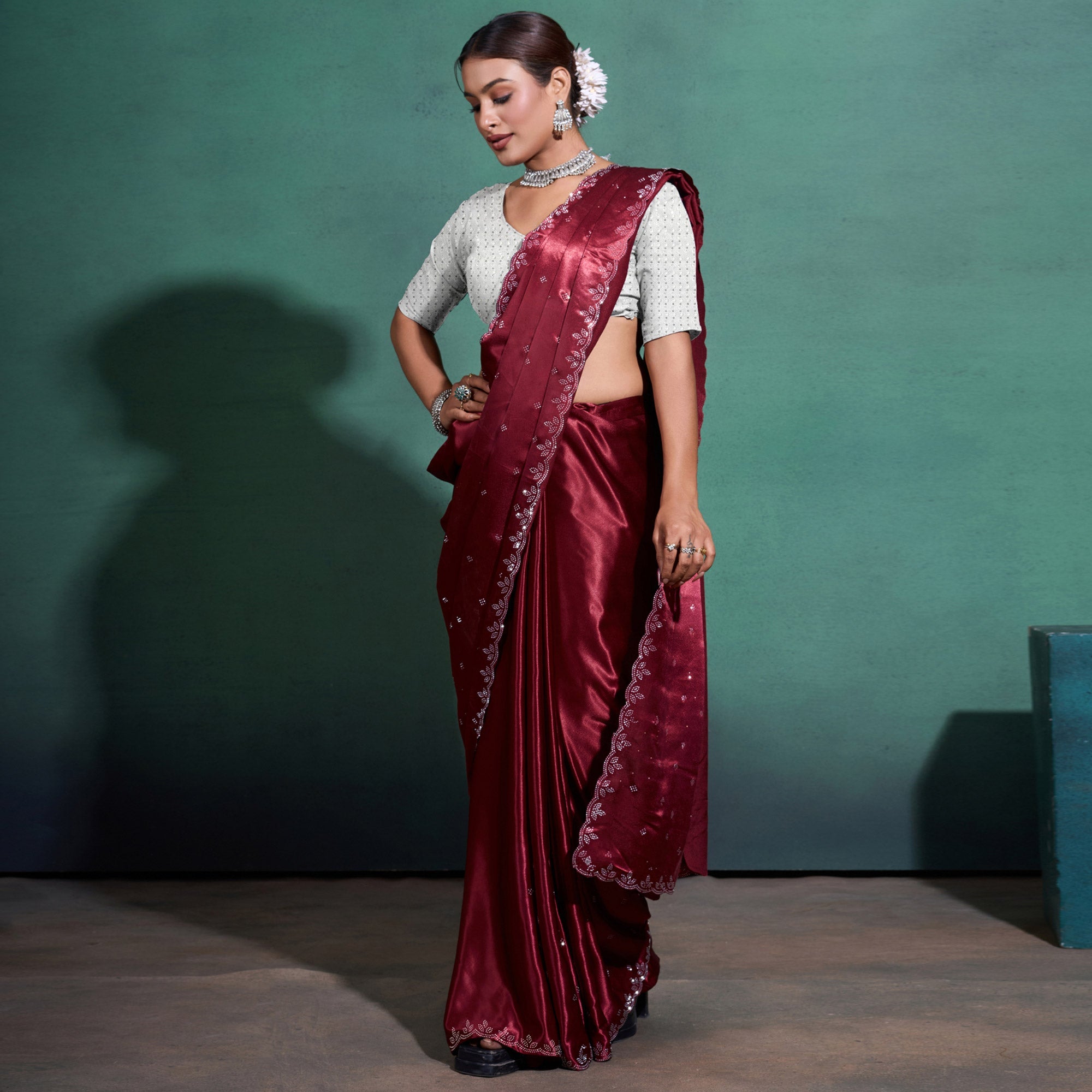 Peachmode Maroon Swarovski Work Embroidered Satin Saree - view 2