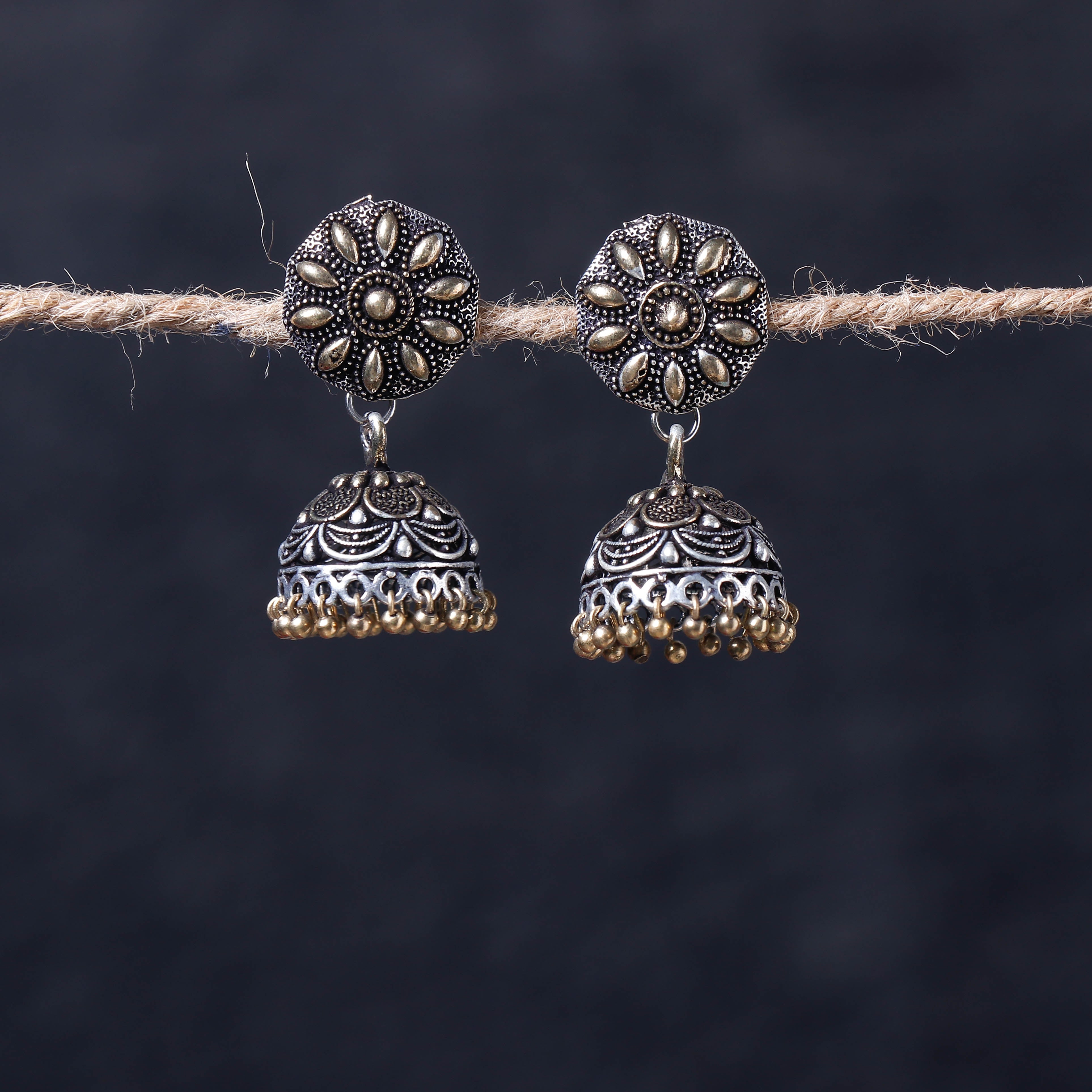 WHITE RIVER STORIES Antique Silver Finish Oxidised Brass Base Jhumka Earrings