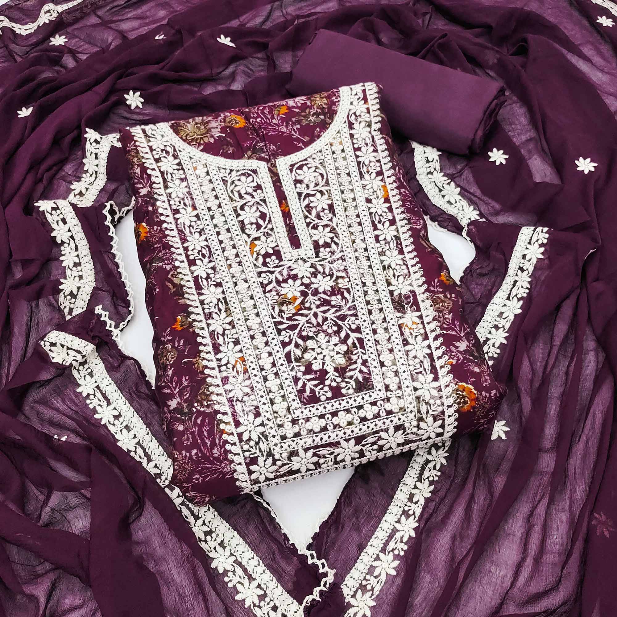 Peachmode Purple Floral Printed Cotton Silk Dress Material