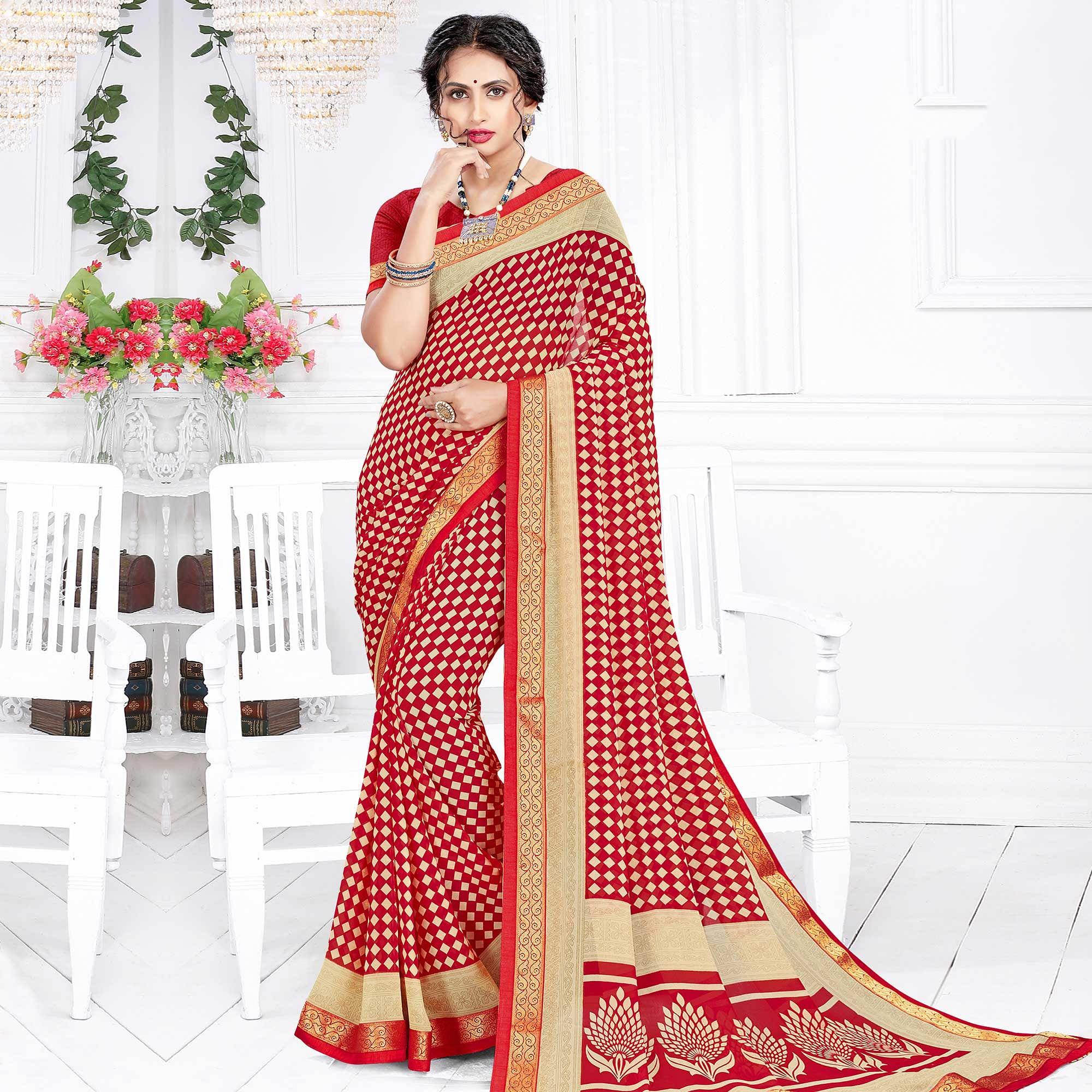 Peachmode Innovative Red Colored Casual Wear Printed Georgette Saree