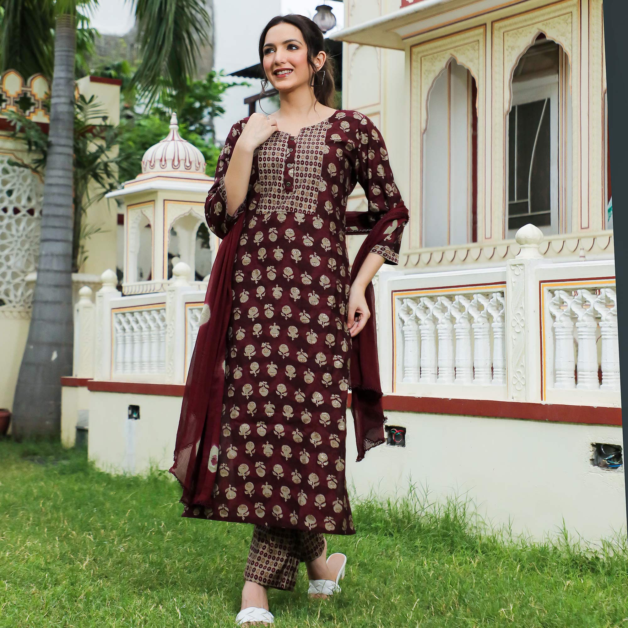 Peachmode Maroon Floral Foil Printed Modal Suit - view 2