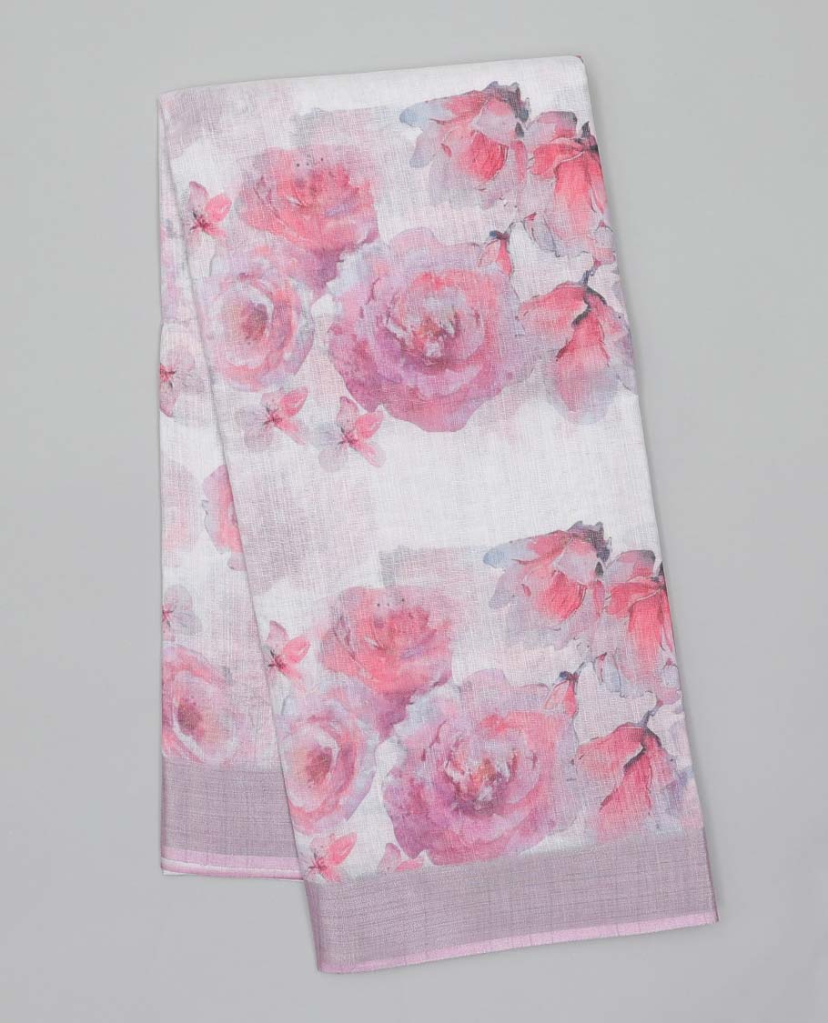 Pothys Off-white floral printed semi-banaras linen saree, plain border