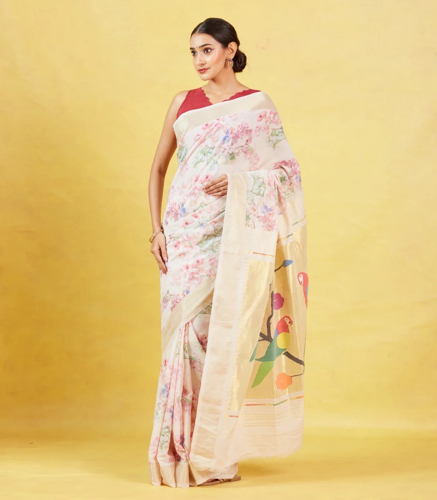 RmKV Baby Pink Crepe Silk Saree Is Printed With Floral Motifs