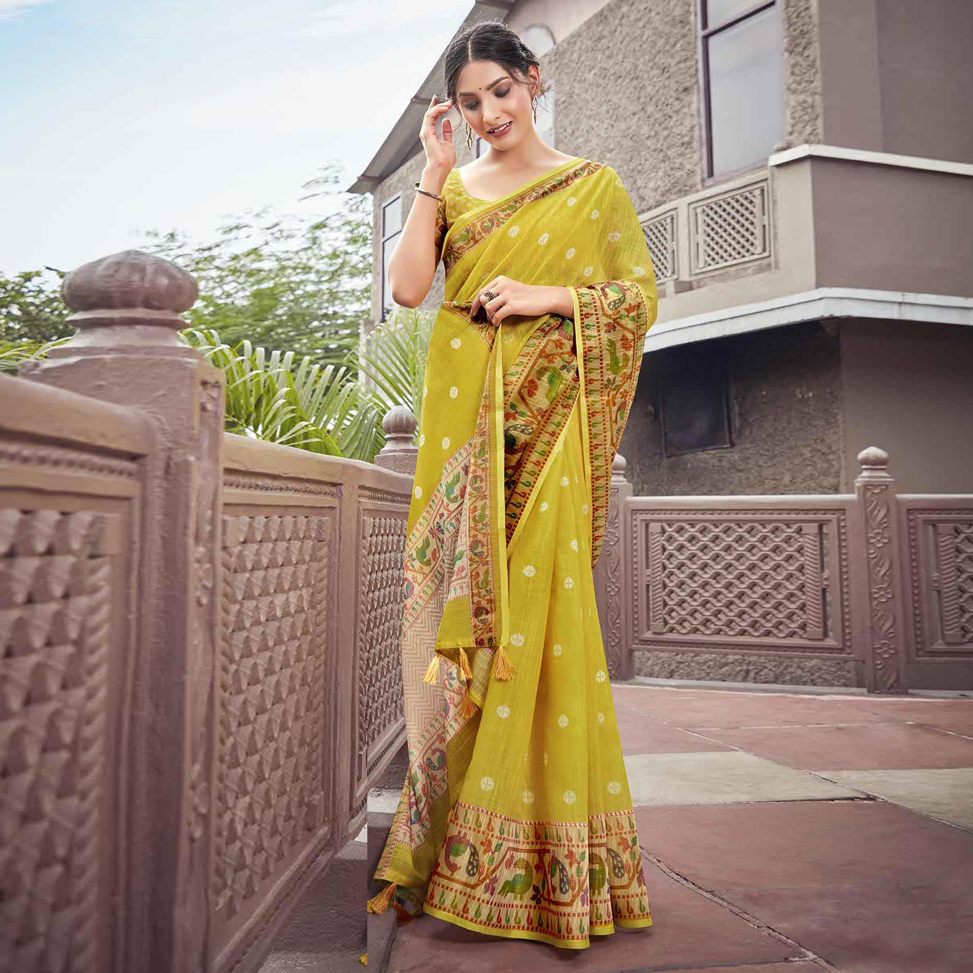 Peachmode Lemon Green Festive Wear Printed Linen Saree With Border