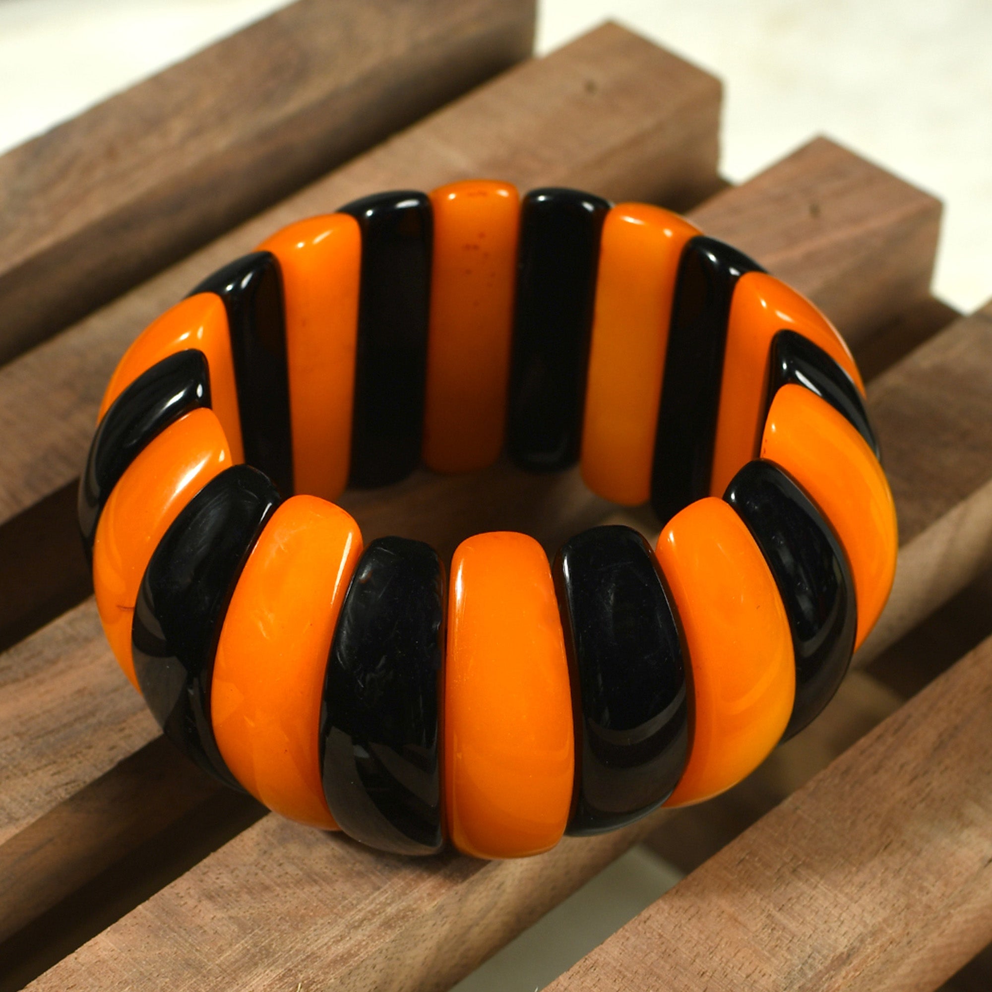 Black & Orange Beaded Stretchable Bracelet by Bamboo Tree Jewels - view 2