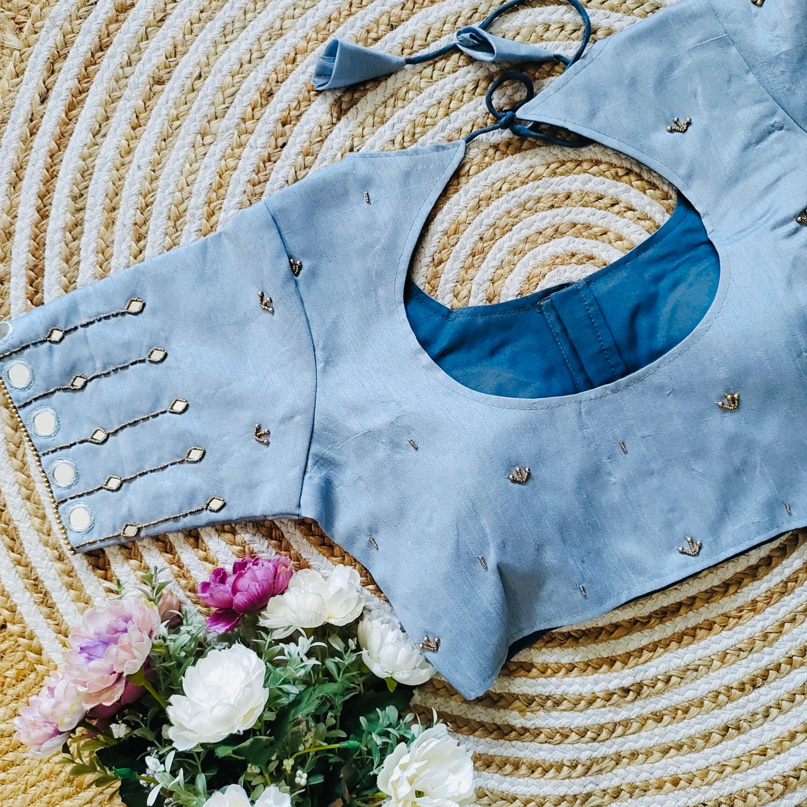 ClothsVilla Sky Blue Russian Silk Blouse with Mirror and Pearl Embellishments - view 2