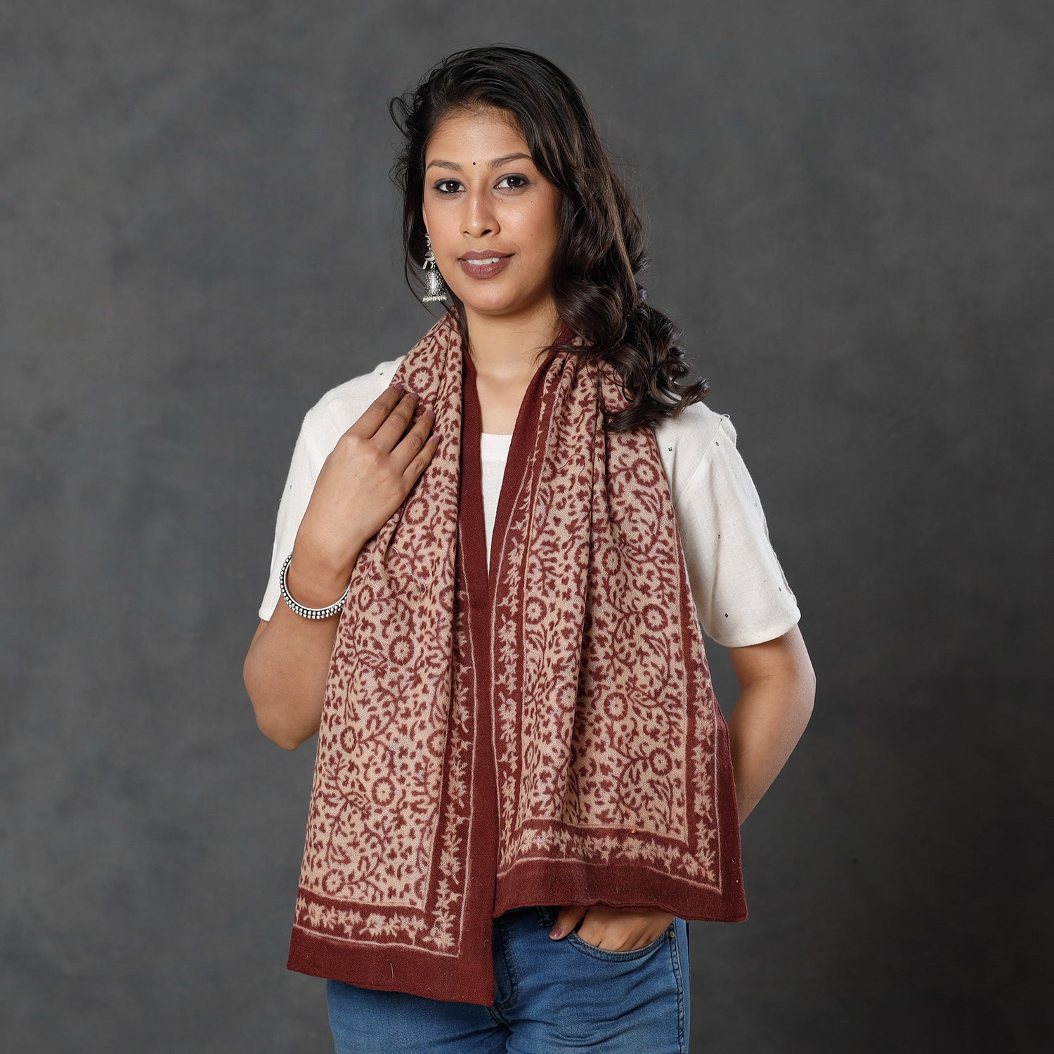 BAGH PRINTS BY MOHAMMED BILAL KHATRI Brown - Bagh Block Printed Natural Dyed Woolen Muffler (61 in)