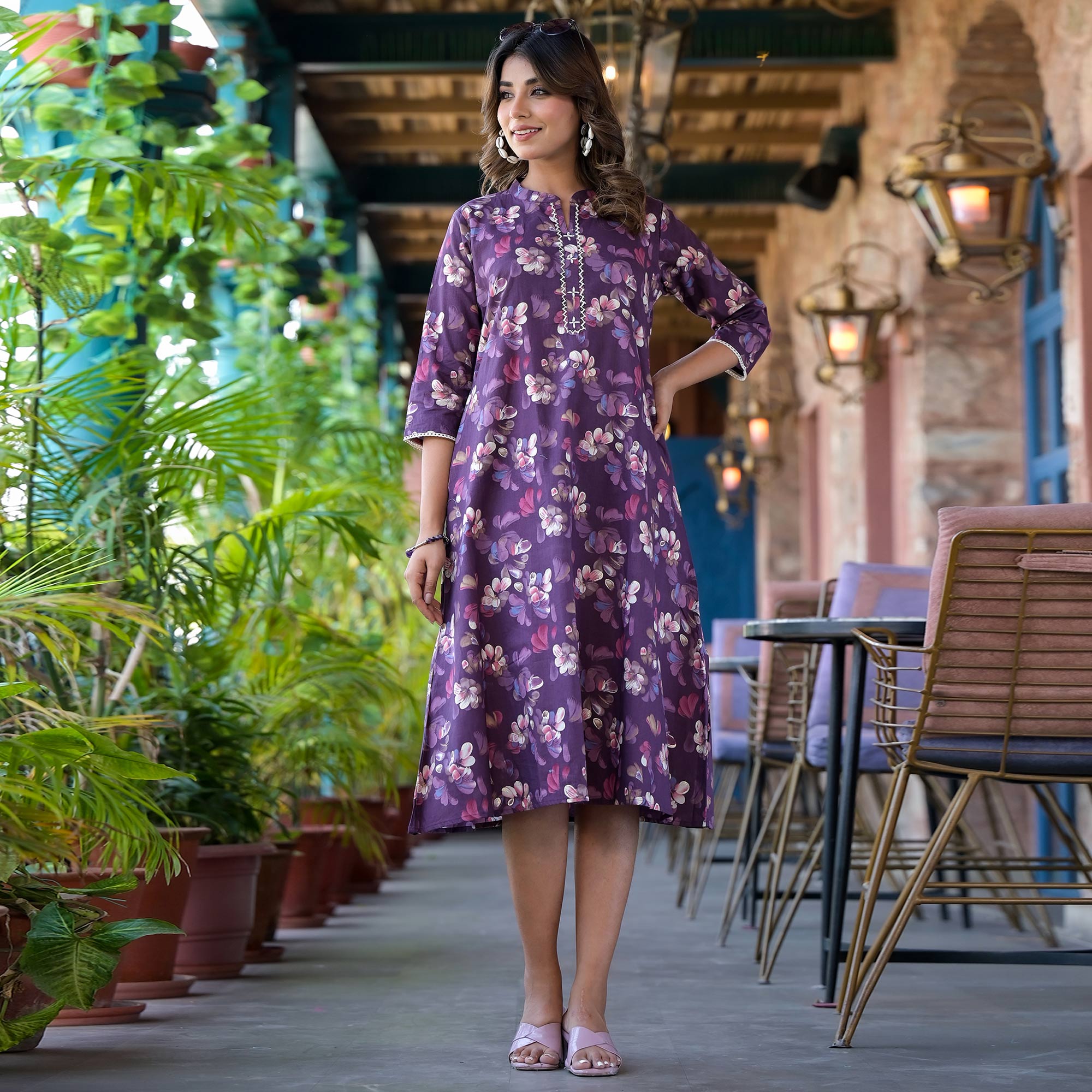 Peachmode Dark Purple Floral Foil Printed Giza Cotton A-Line Dress - view 2