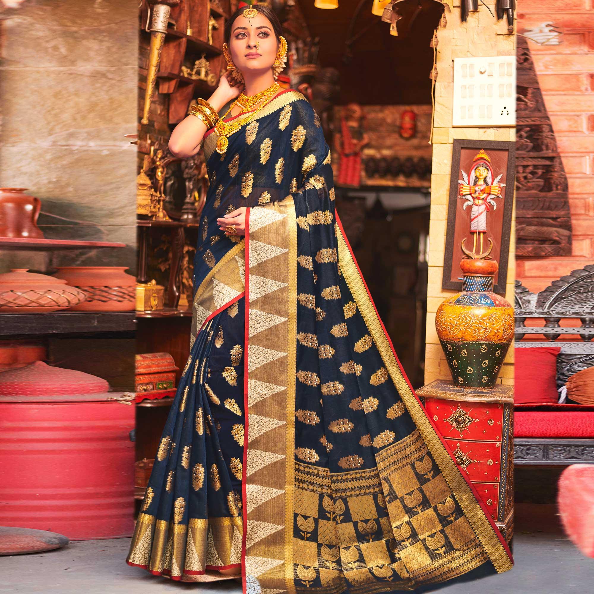 Peachmode Majesty Navy Blue Colored Festive Wear Woven Cotton Handloom Saree