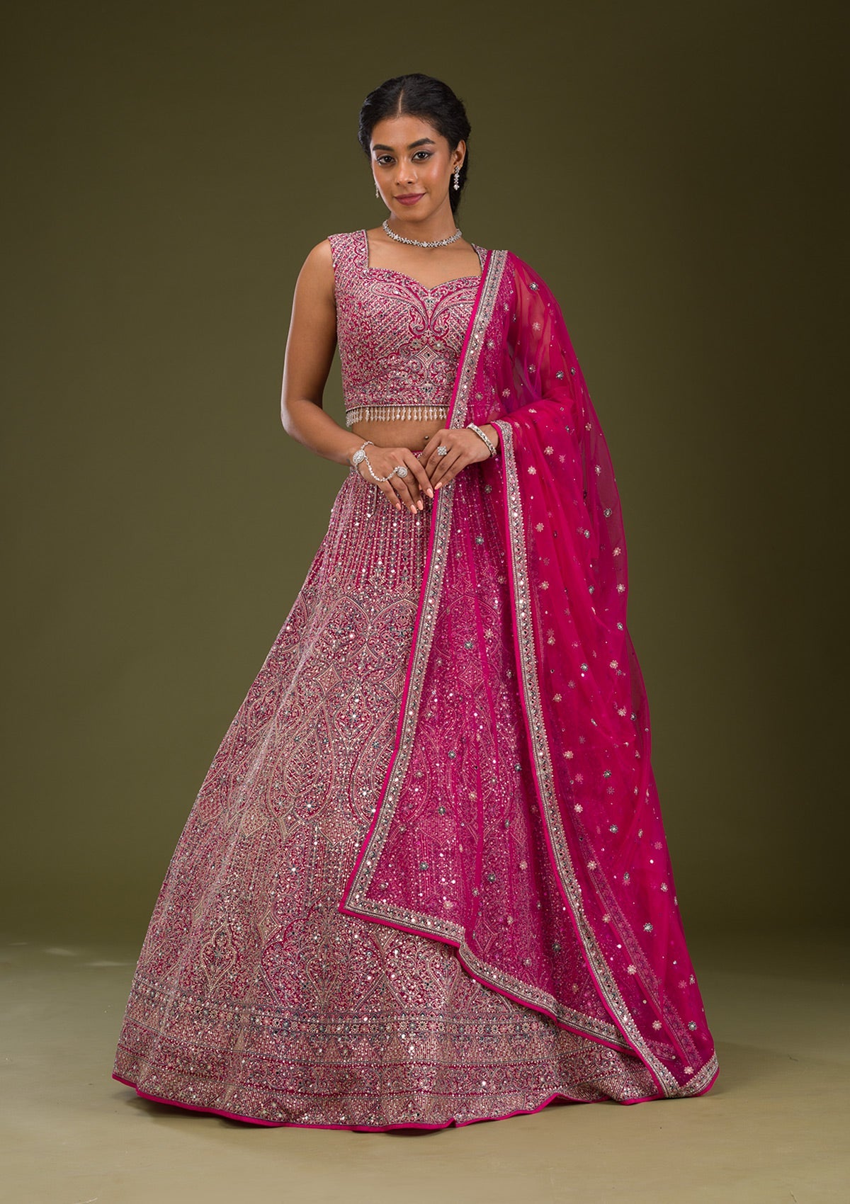 Koskii Rani Pink Threadwork Net Readymade Lehenga