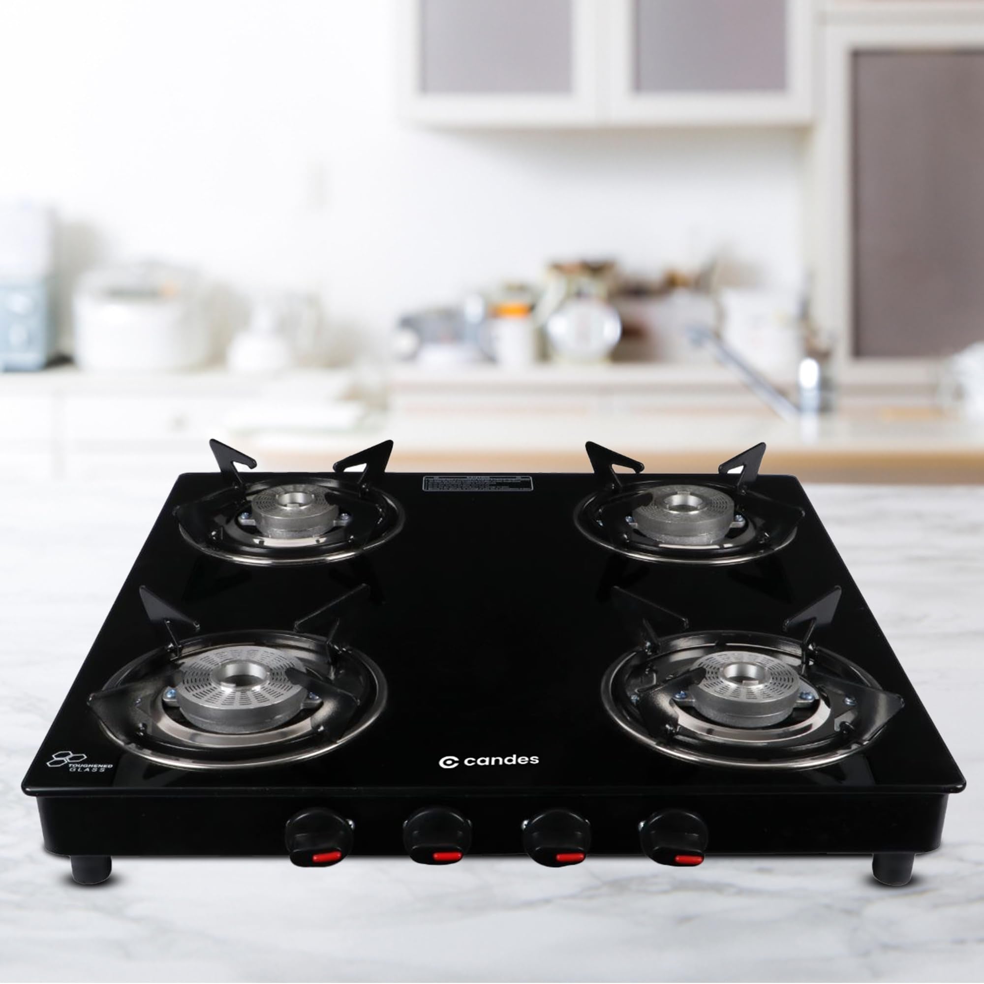 Candes 8mm Toughened Glass 4 Burner Manual Stove |Die Cast Alloy Tornado Burner | LPG Compatible |ISI Certified | Door Step Service, 300 Days Warranty