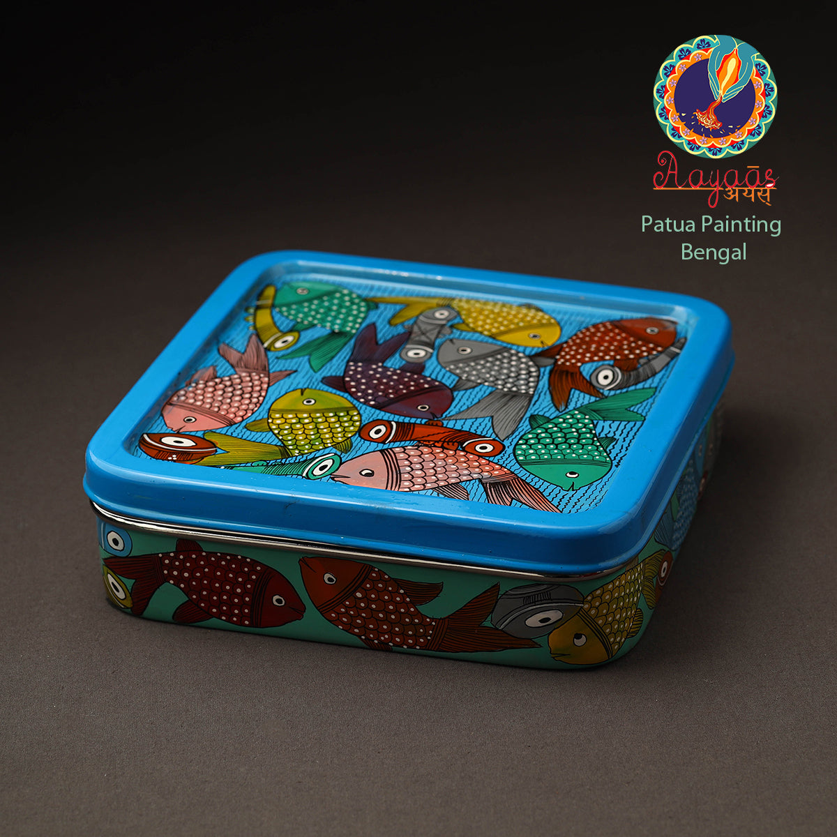 AAYAAS Blue - Bengal Patua Handpainted Stainless Steel Square Masala Box (9 x 9 in)