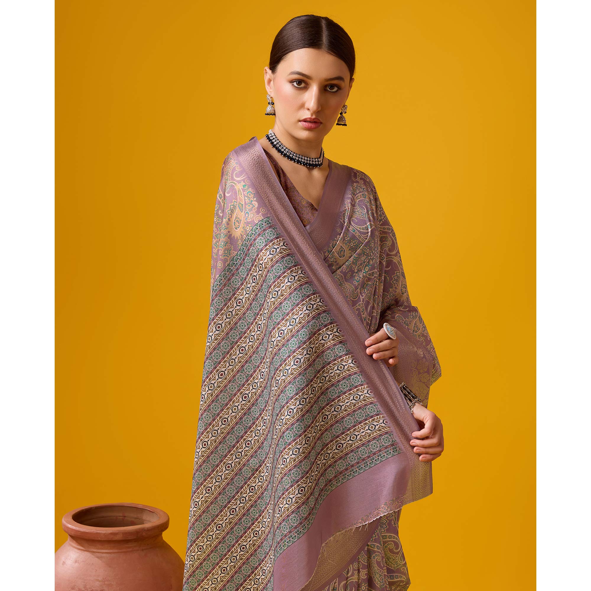 Peachmode Mauve Digital Printed Cotton Silk Saree With Border - view 7