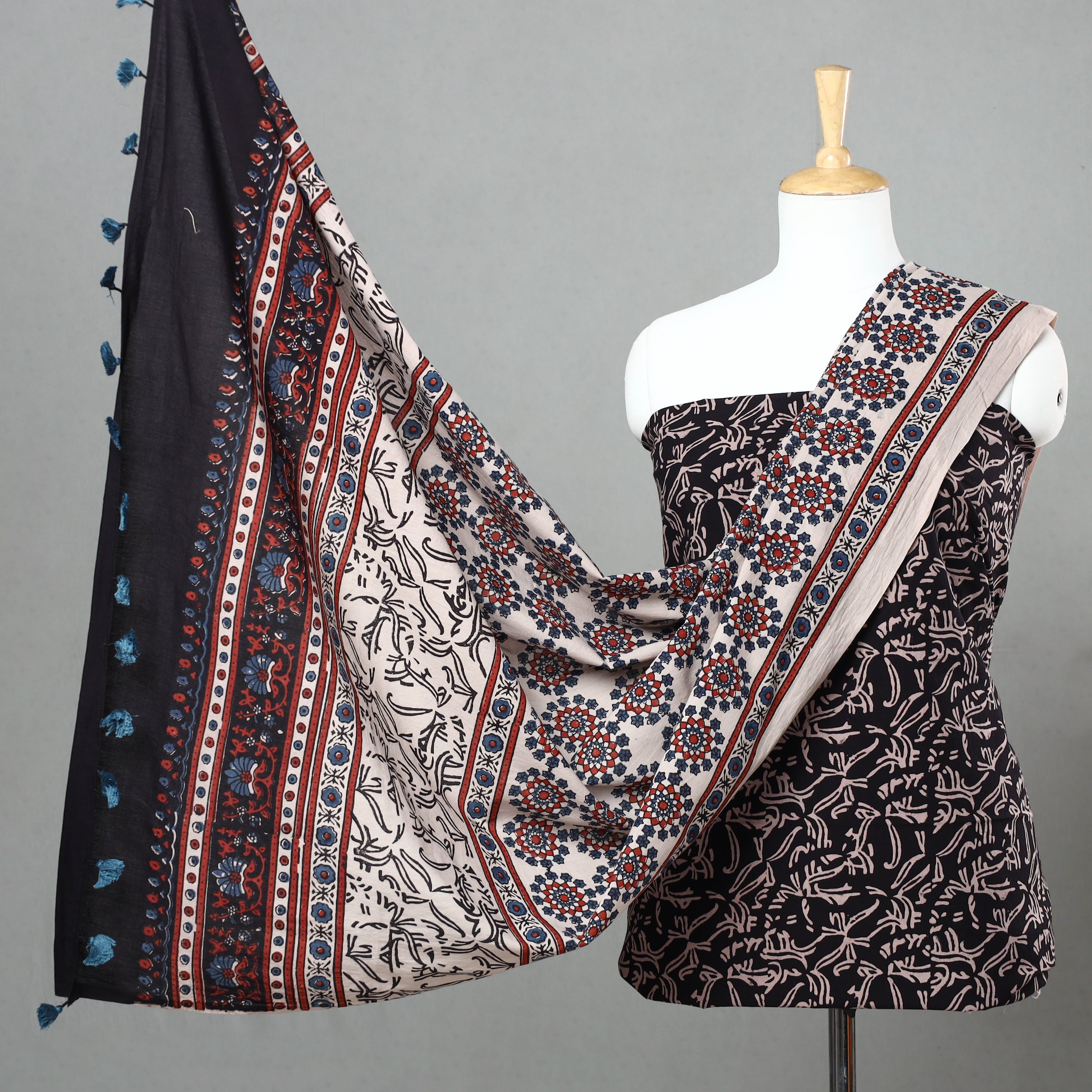 AJRAKH BY JABBAR KHATRI Black - 3pc Ajrakh Block Printed Natural Dyed Cotton Suit Material Set 03