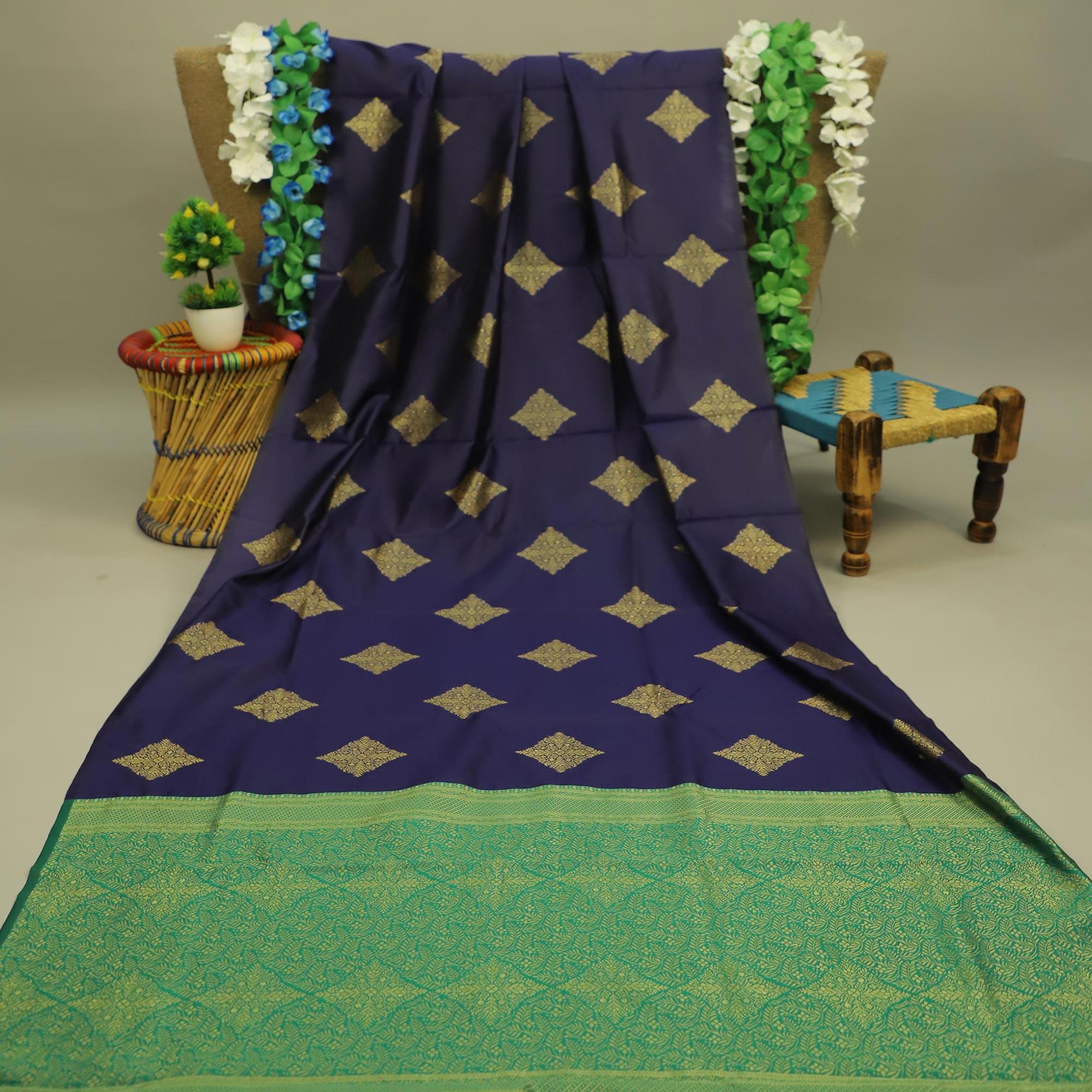 Peachmode Breathtaking Navy Blue Colored Festive Wear Woven Soft Silk Saree