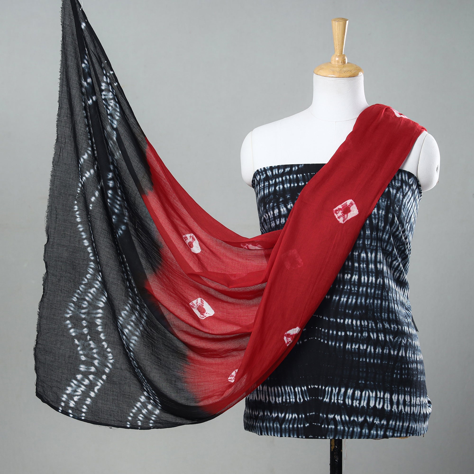 ARTISAN HAND BLOCK PRINTS Black - 3pc Shibori Tie-Dye Mul Cotton Suit Material Set