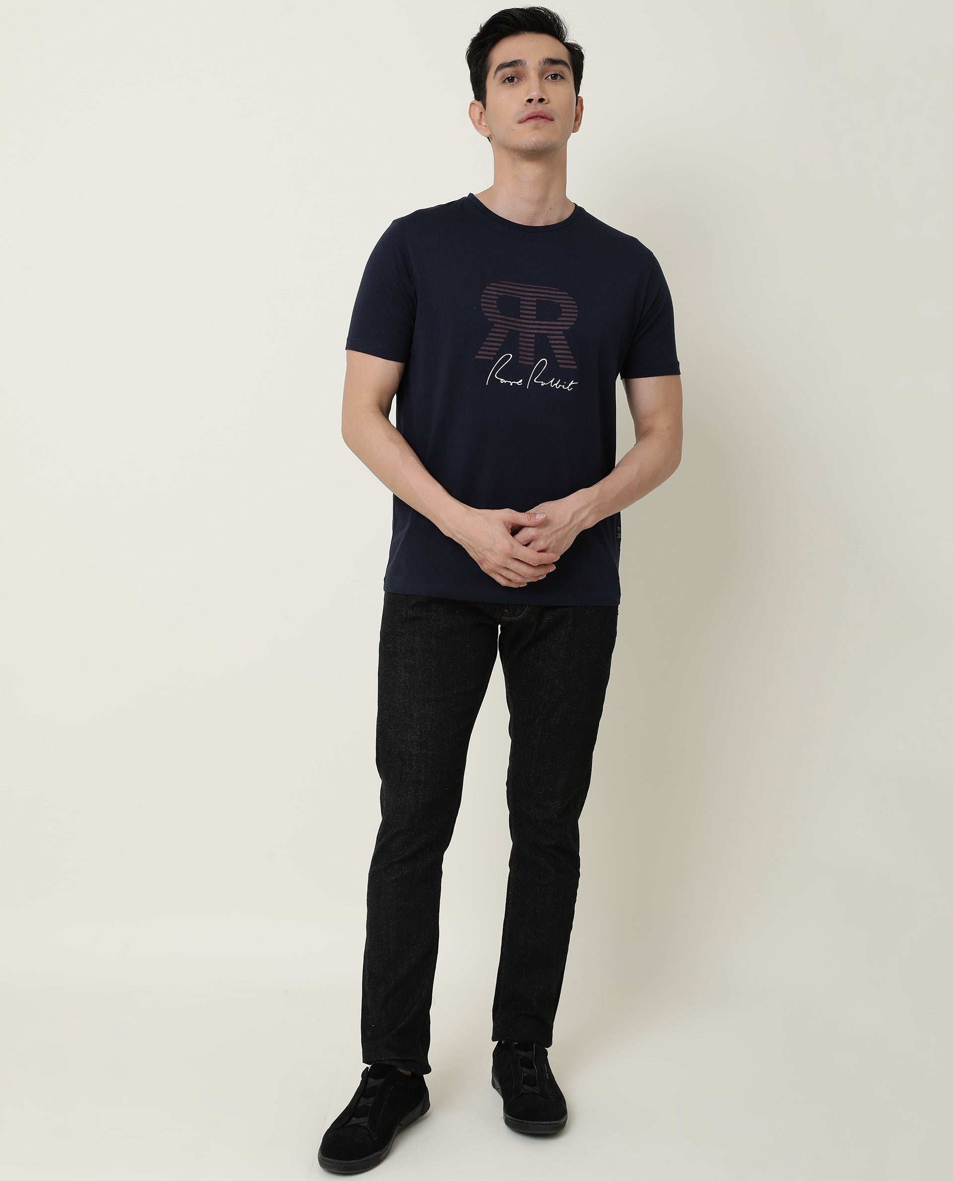 Rare Rabbit Mens Near Navy T-shirt Cotton Fabric Slim Fit Crew Neck Short Sleeve Graphic Print - view 2