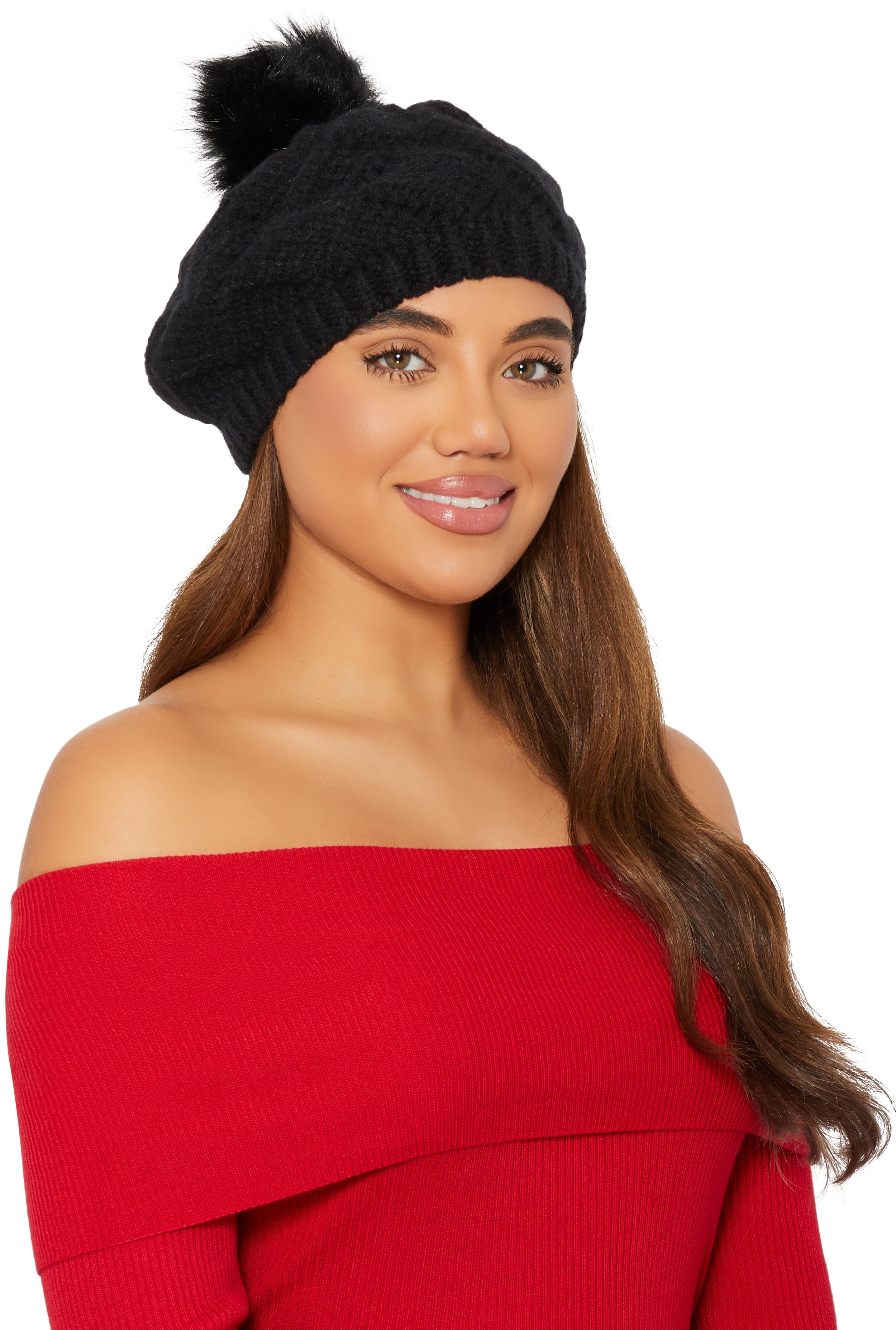 Rainbow Shops Pom Pom Knit Beret – Women's