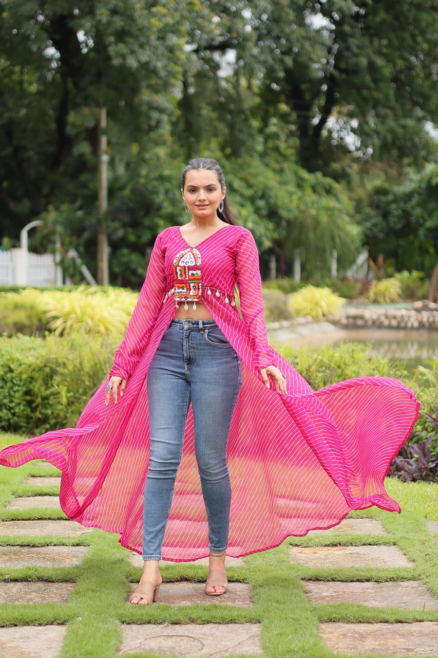 ClothsVilla Magenta Faux Georgette Leheriya Print Kurti with Kutchi Patchwork - view 2