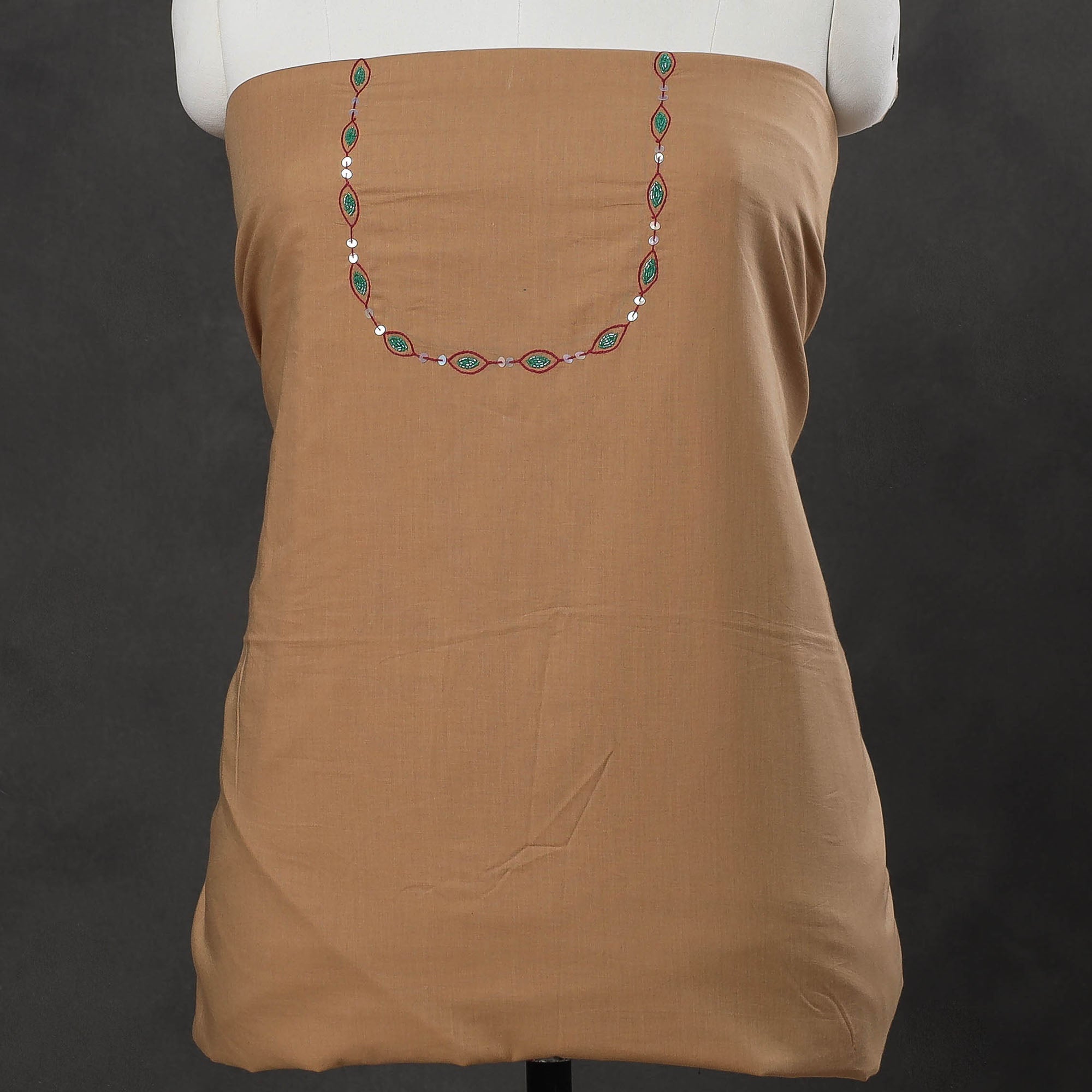 NOORI BAZAR Brown - Hand Embroidery Plain Cotton Kurta Material - 3 Meter - view 3