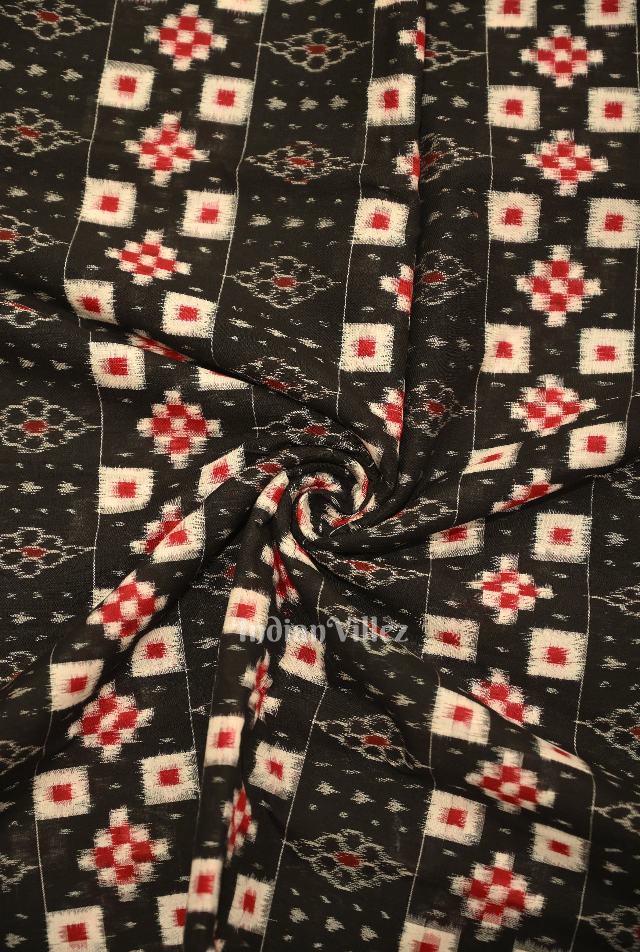 IndianVillèz Black Pasapali Sambalpuri Ikat Cotton Fabric