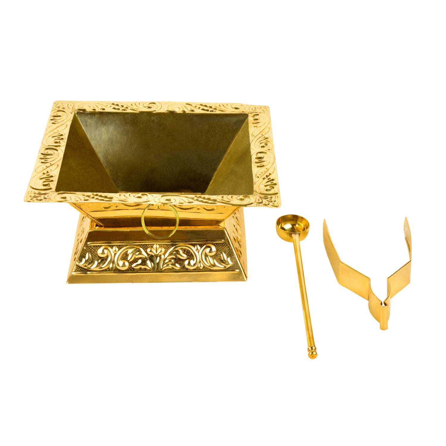 STYLEMYWAY Premium Brass Hawan Kund Set (Havan Kund , Stand , Suchi Spoon , Tong / Chimta ; L x B x H – 23 x 23 x 11 cm ; 520 gm) - view 3